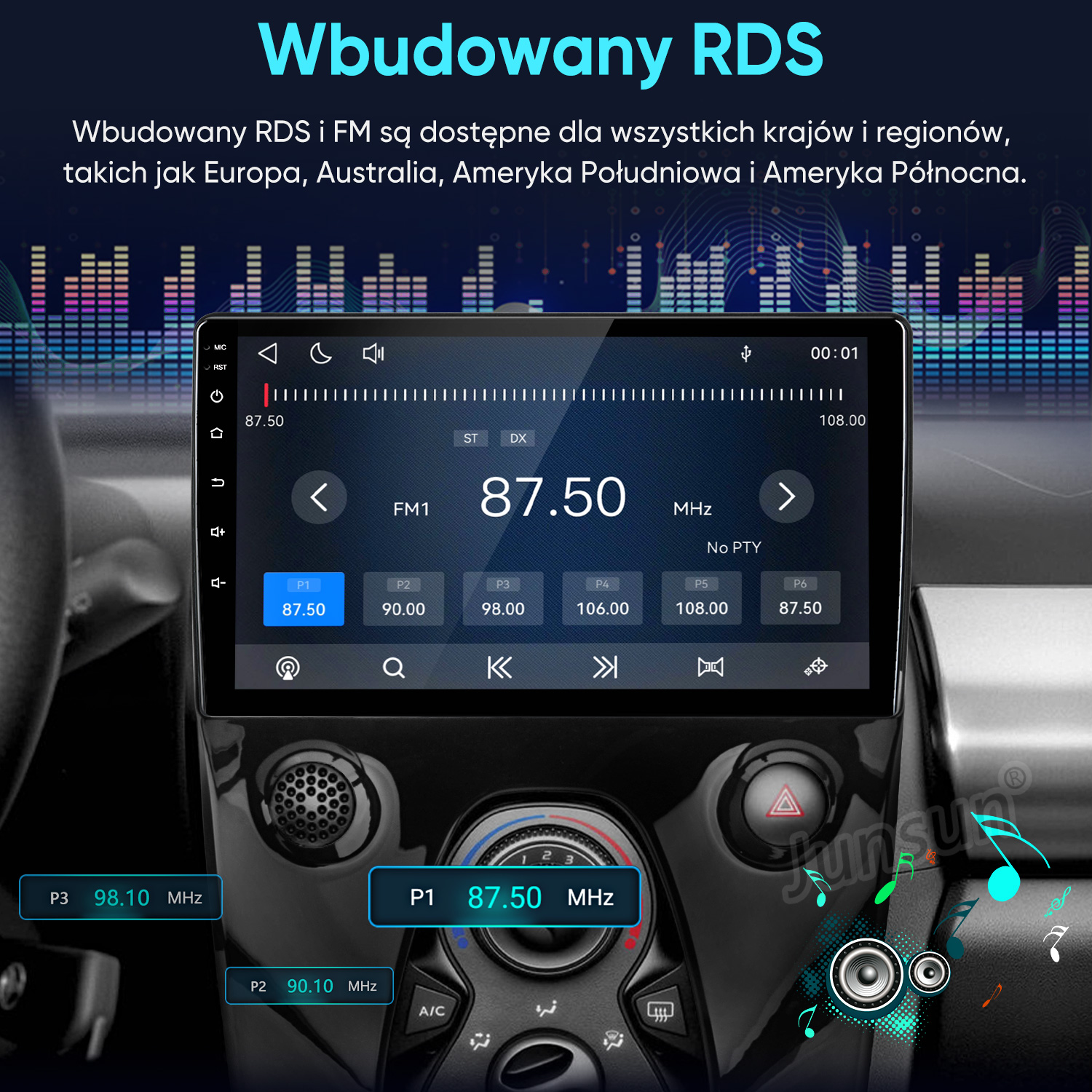 Ekran dotykowy radia samochodowego z częstotliwością FM RDS.