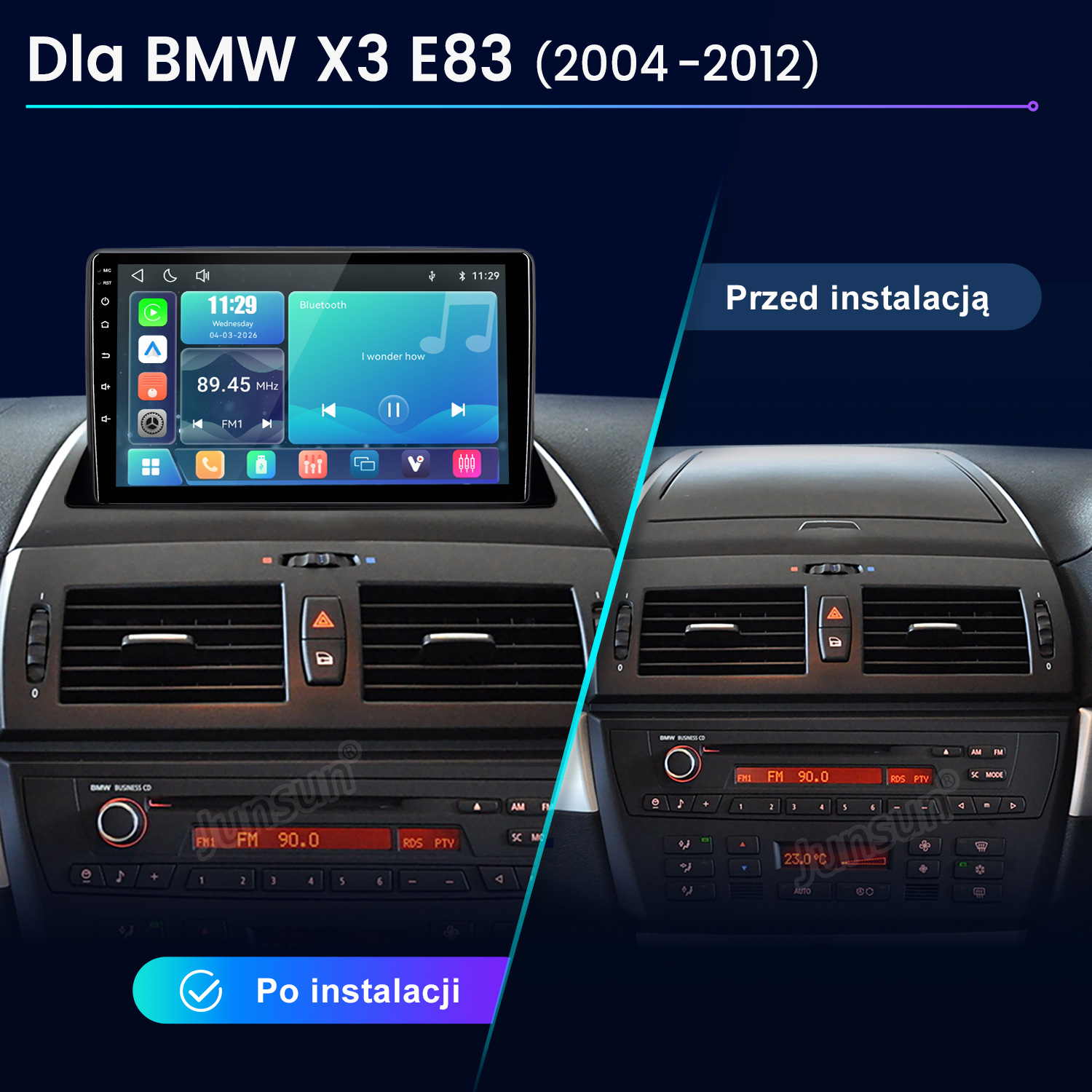 Porównanie deski rozdzielczej BMW X3 E83 przed i po instalacji nowego radia z dotykowym ekranem.