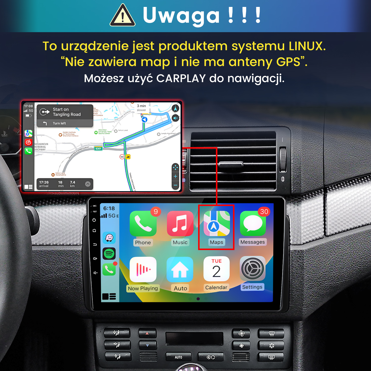 Radio samochodowe z systemem Linux, nawigacją CarPlay i ikonami aplikacji na desce rozdzielczej.
