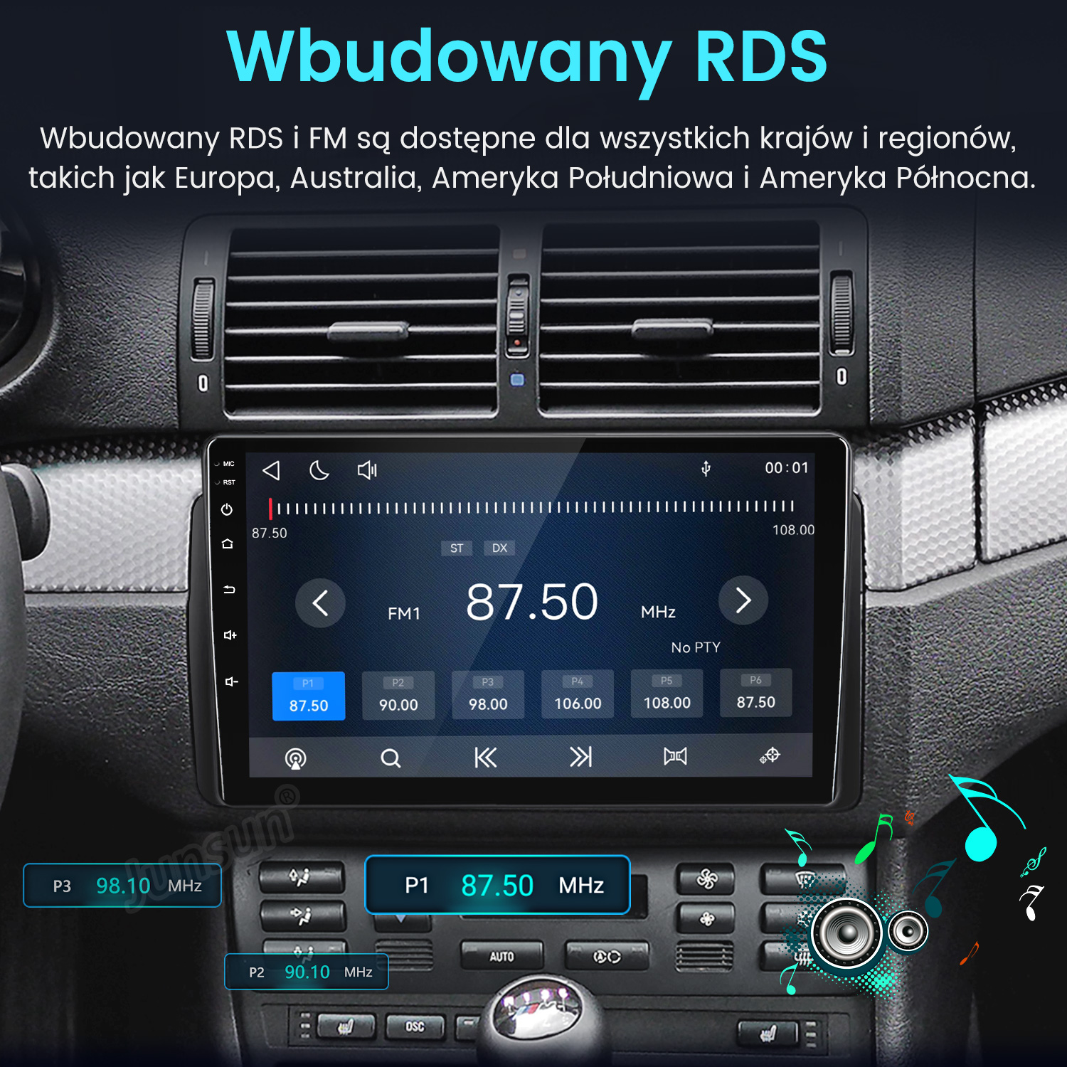 Radio samochodowe z ekranem dotykowym i tunerem FM, wbudowanym RDS, w desce rozdzielczej.