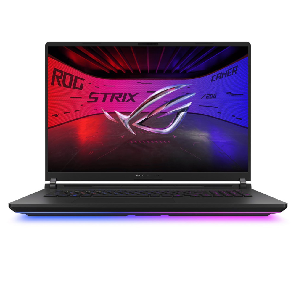 Czarny laptop do gier ROG Strix z kolorowym ekranem i dolnym oświetleniem LED.