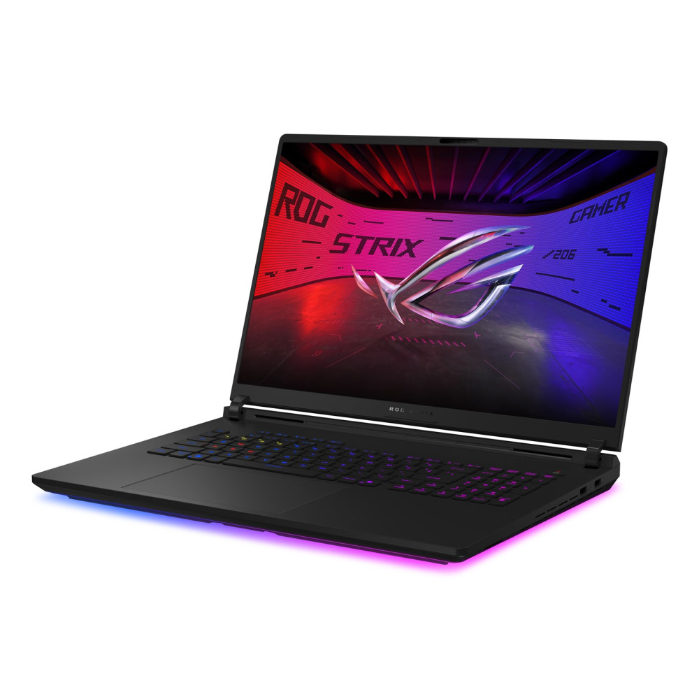 Czarny laptop do gier ROG Strix z podświetlanym logo ROG na ekranie i kolorowym oświetleniem spodu.