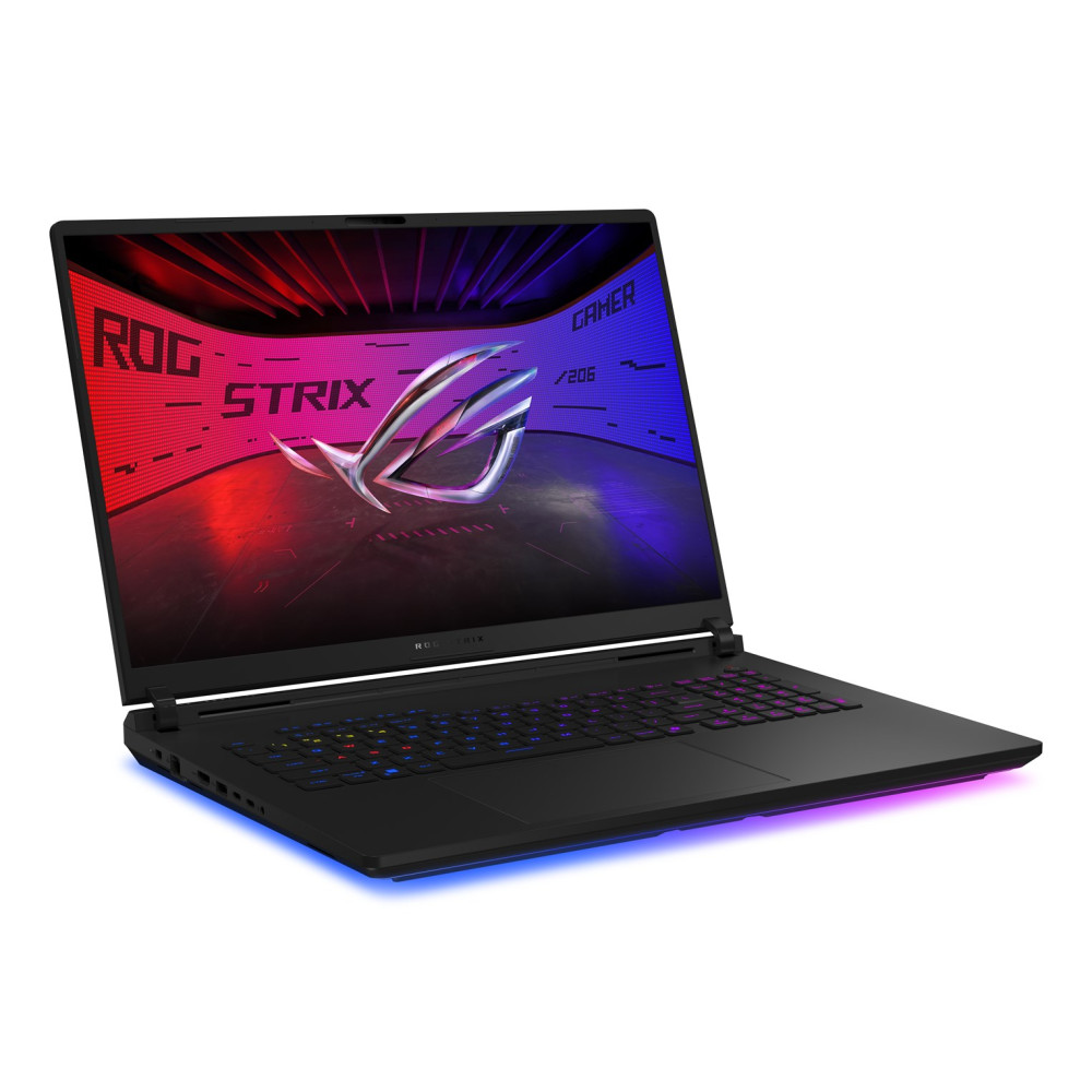 Czarny laptop gamingowy Asus ROG Strix z kolorową grafiką na ekranie i niebieskim podświetleniem.
