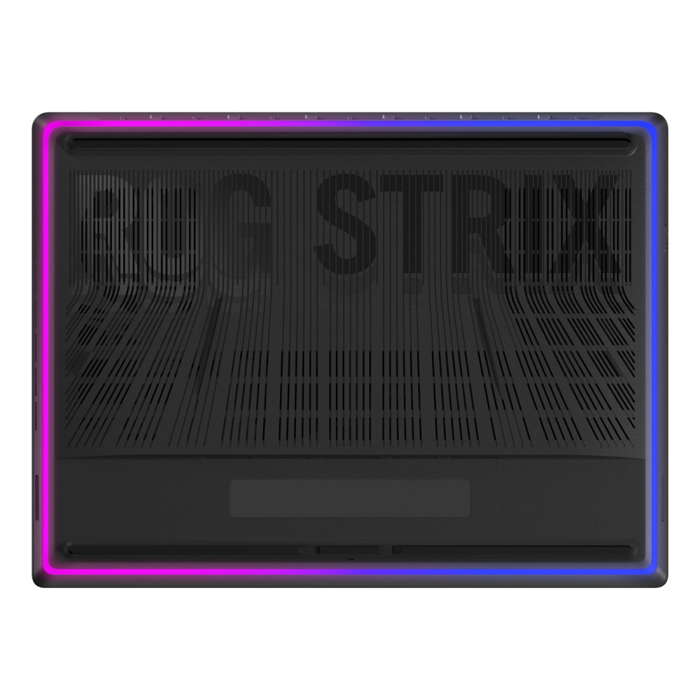 Spód czarnego laptopa z żywym różowym i niebieskim oświetleniem RGB wokół krawędzi i napisem ROG STRIX.