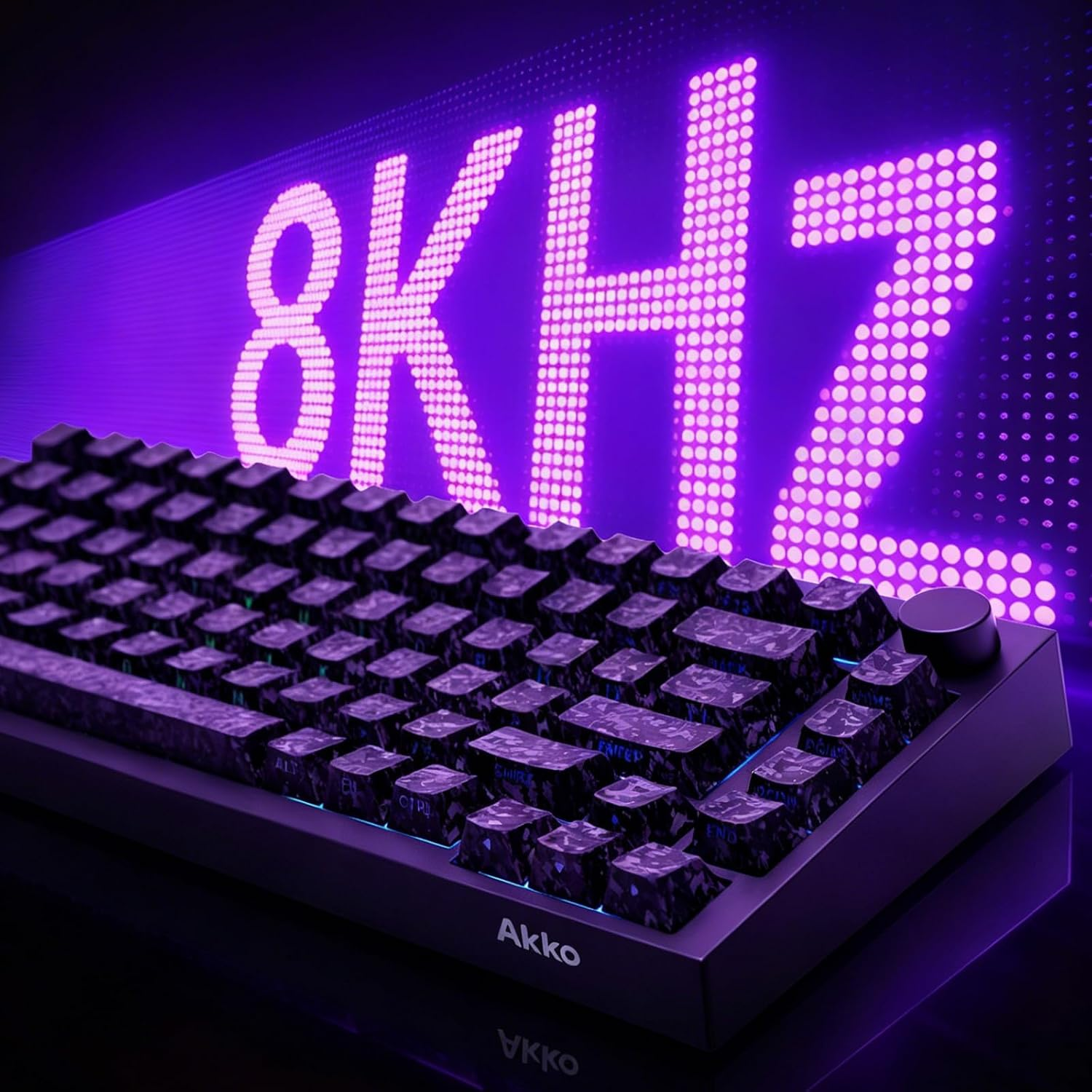 Czarna klawiatura mechaniczna Akko na fioletowym tle LED z napisem 8KHz.