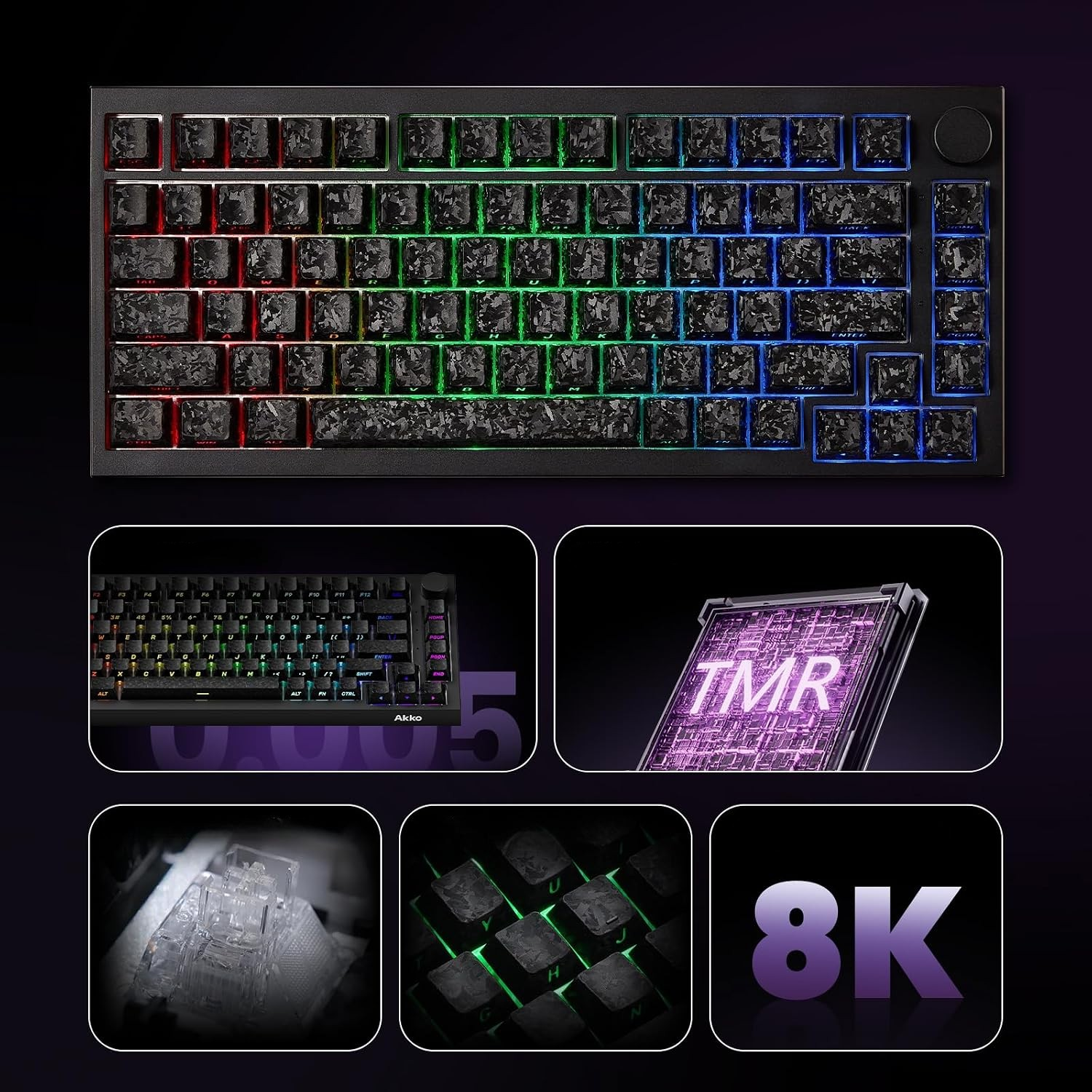 Czarna klawiatura mechaniczna z podświetleniem RGB oraz zbliżeniami fakturowanych klawiszy, przełączników i chipu TMR.