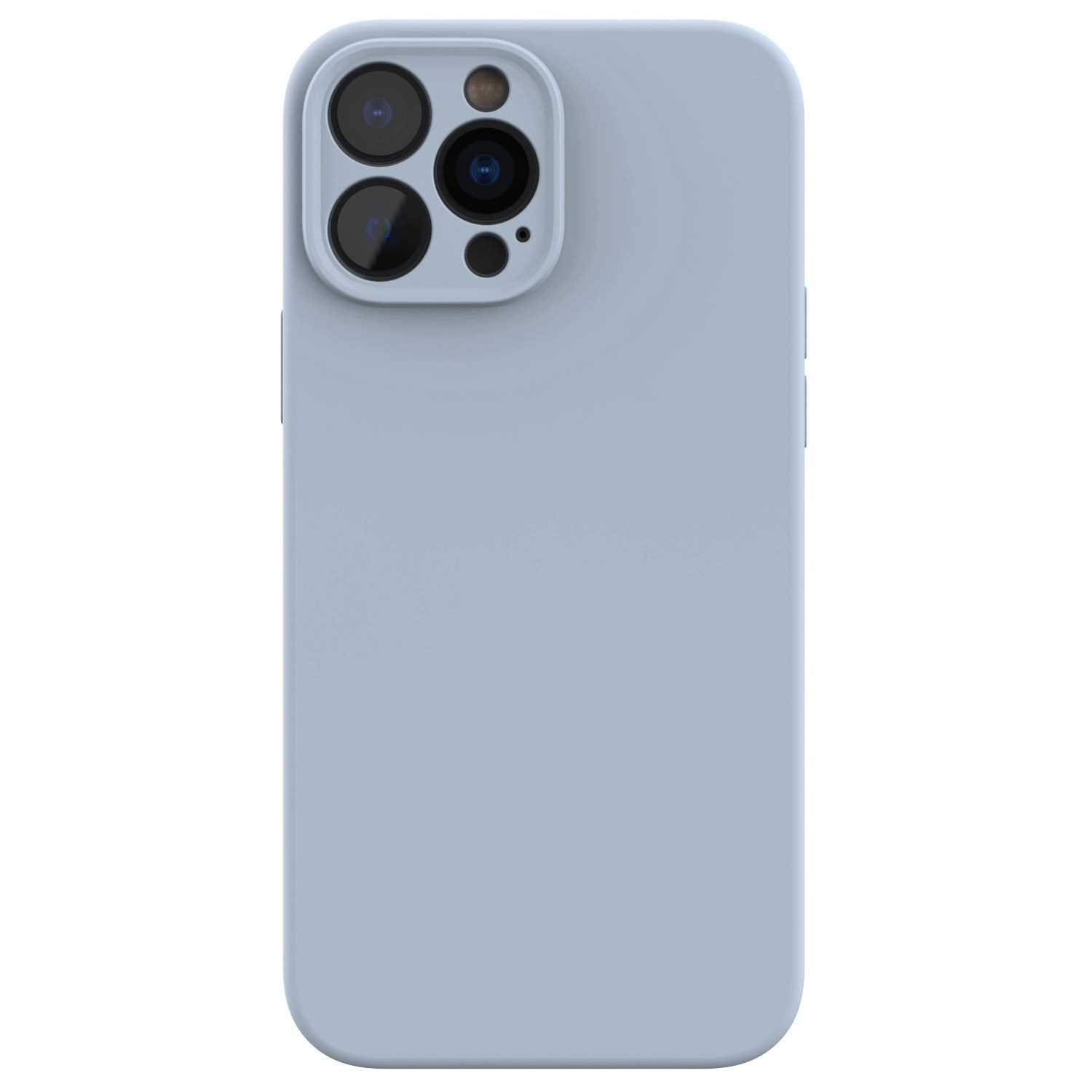 Jasnoniebieskie etui na smartfon z wycięciem na potrójny aparat z tyłu, na białym tle.