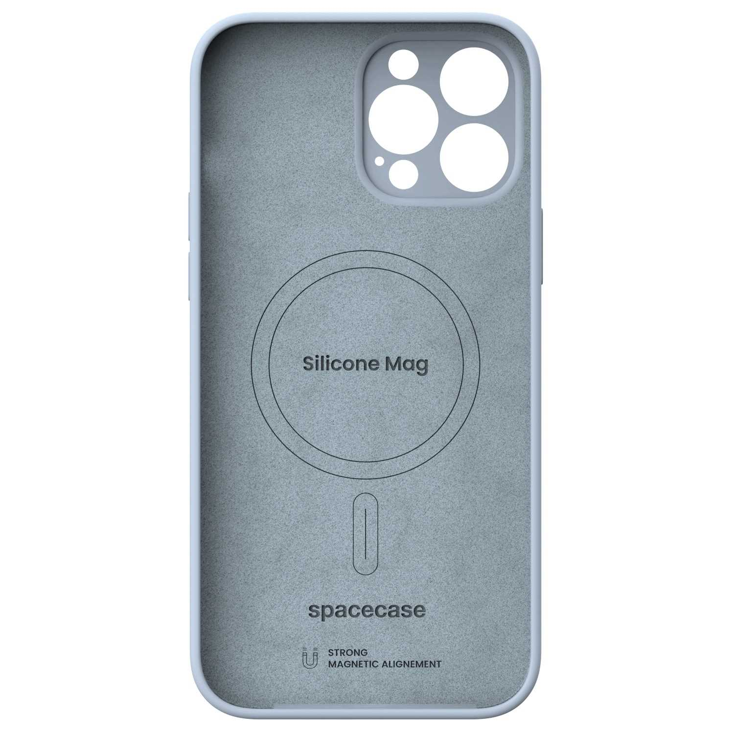 Jasnoniebieskie etui na iPhone'a z logo Silicone Mag i magnetycznym pierścieniem w środku.