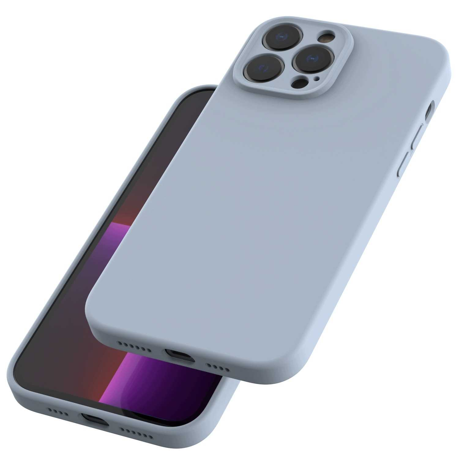 Jasnoniebieski smartfon w pasującym silikonowym etui jest pokazany pod kątem na białym tle.