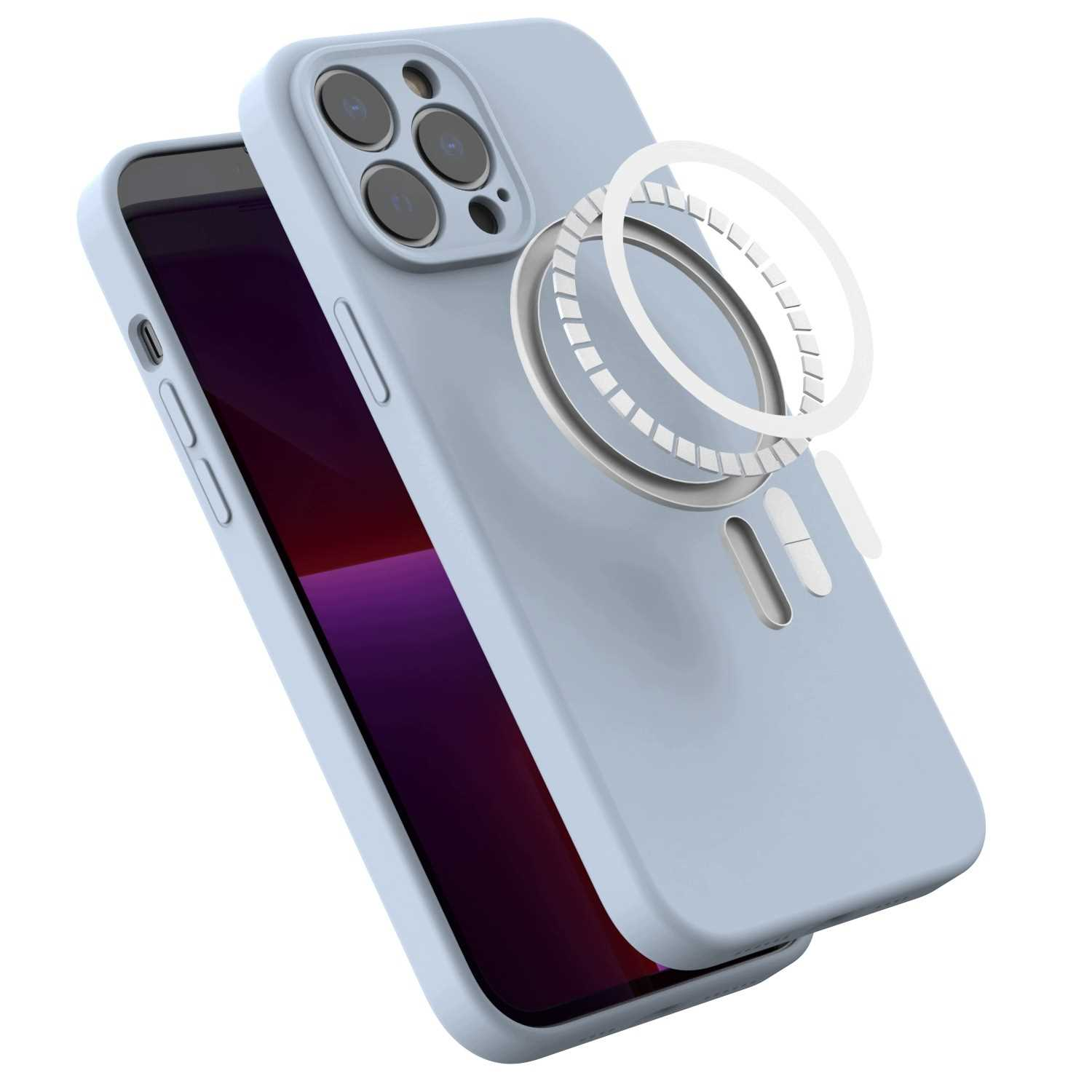 Jasnoniebieskie etui na telefon z magnetycznym uchwytem w tle, na białym tle.