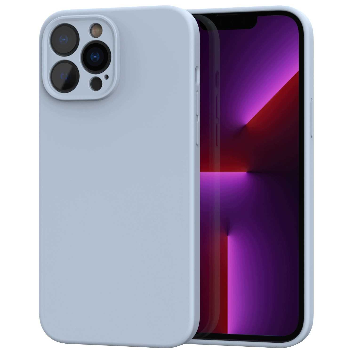 Jasnoniebieski smartfon z potrójnym aparatem i kolorowym ekranem na białym tle.