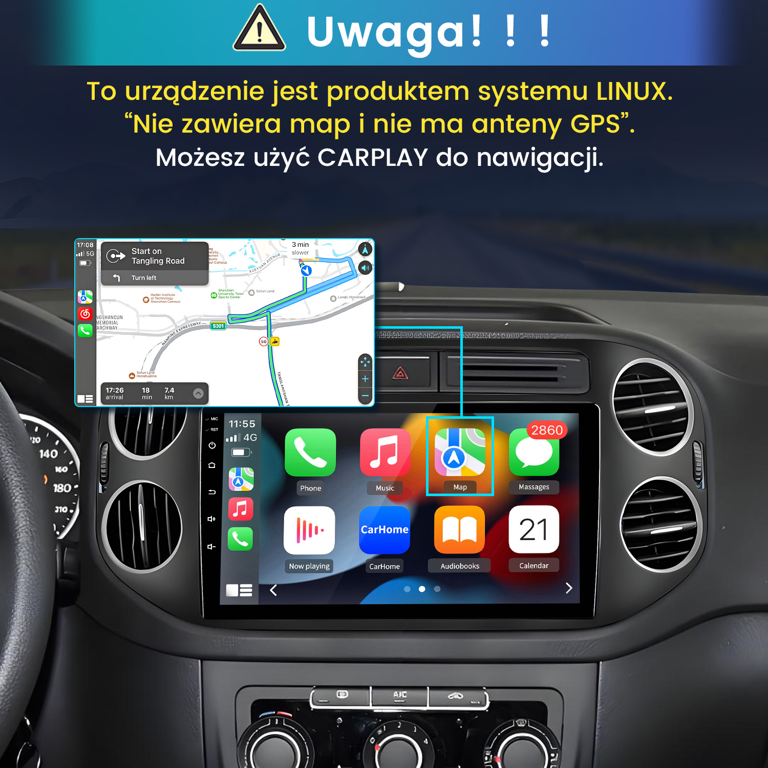 Deska rozdzielcza samochodu z cyfrowym ekranem, interfejsem CarPlay i mapą nawigacji.