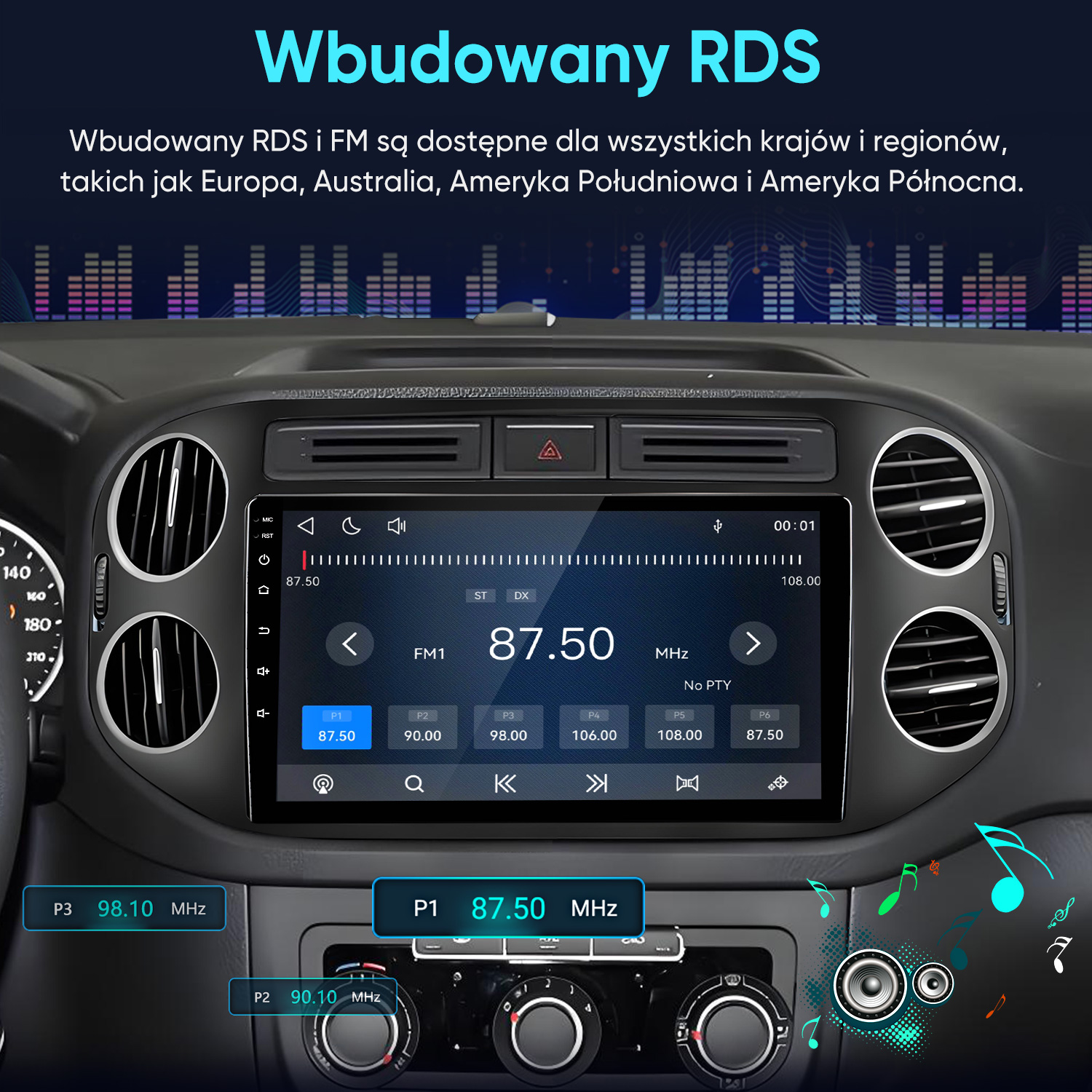 Deska rozdzielcza samochodu z cyfrowym ekranem dotykowym wyświetlającym interfejs radia FM na częstotliwości 87,50 MHz.