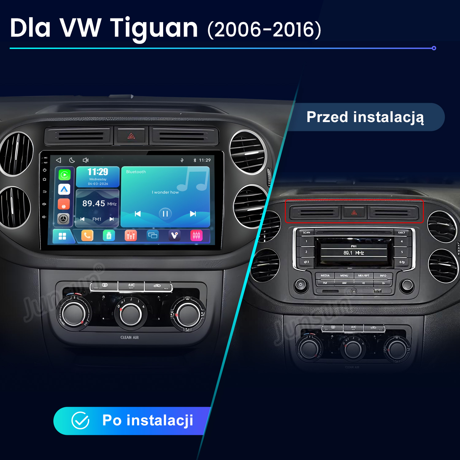 Porównanie konsoli środkowej VW Tiguan przed i po instalacji nowoczesnego radia z ekranem dotykowym.