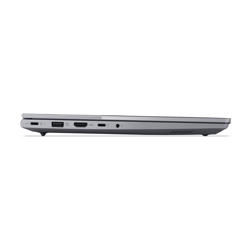 Widok z boku szarego laptopa z portami USB, HDMI i audio na białym tle.