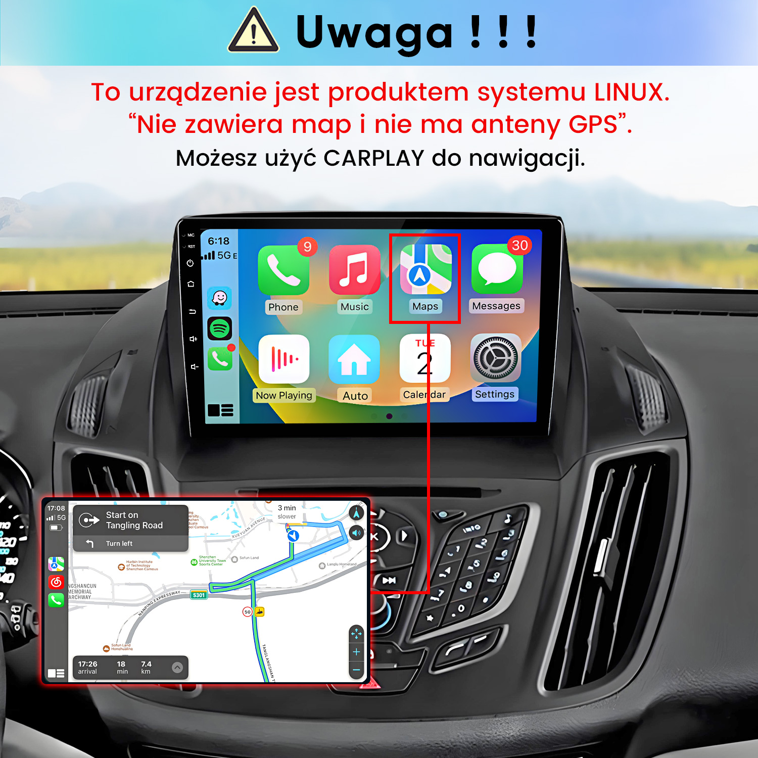 Wyświetlacz samochodowy z aplikacjami Carplay i polskim ostrzeżeniem u góry.