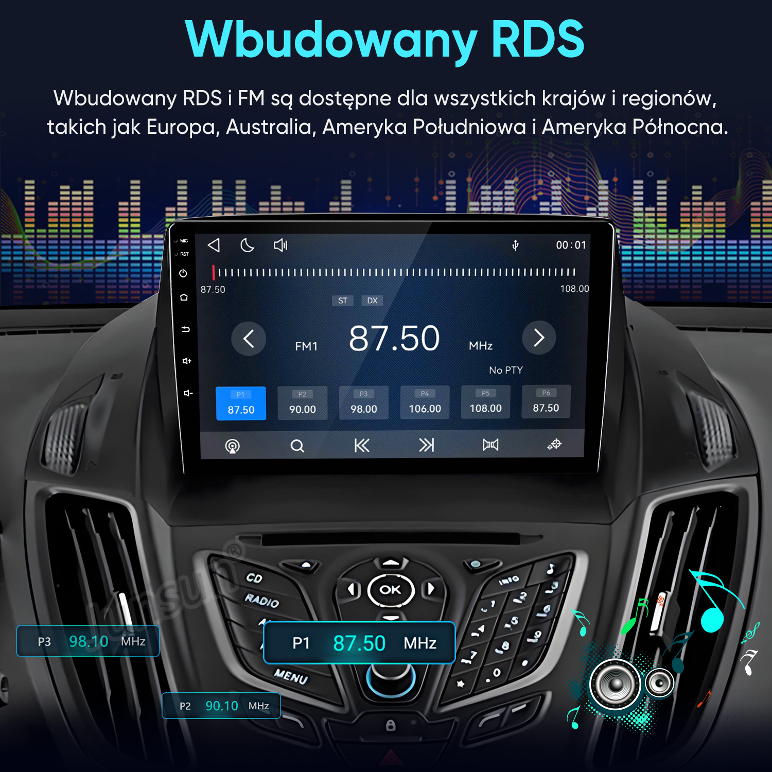 Ekran radiowy samochodowego systemu audio z interfejsem FM w desce rozdzielczej.