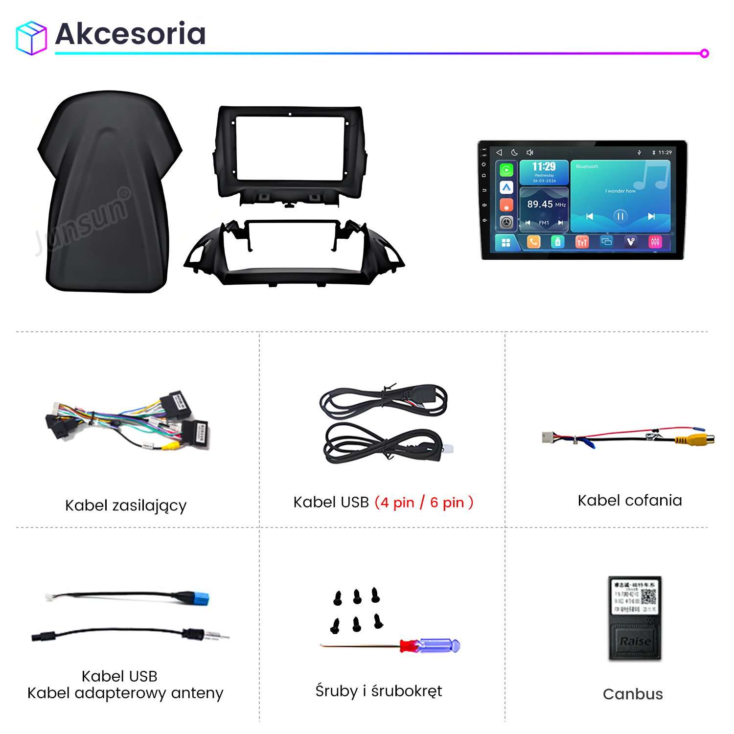 Akcesoria do radia samochodowego, w tym jednostka centralna, ramki, wiązki przewodów, kable USB, śrubki i Canbus.