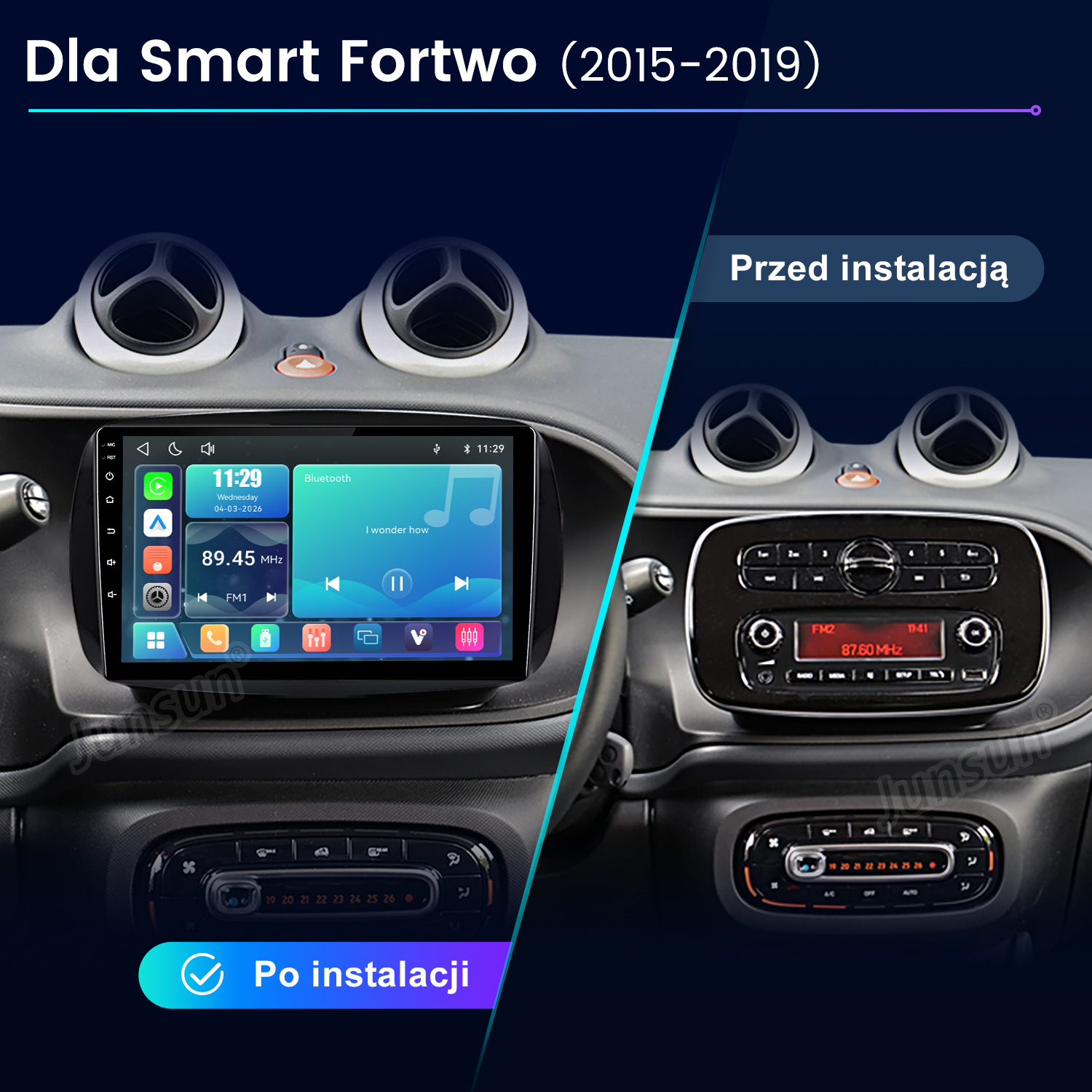 Porównanie deski rozdzielczej Smart Fortwo przed i po instalacji nowego ekranu dotykowego.