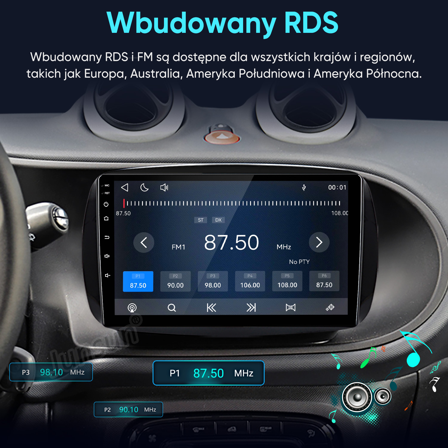 Deska rozdzielcza samochodu z dotykowym ekranem radiowym pokazującym FM 87.50 MHz i polski tekst na górze.