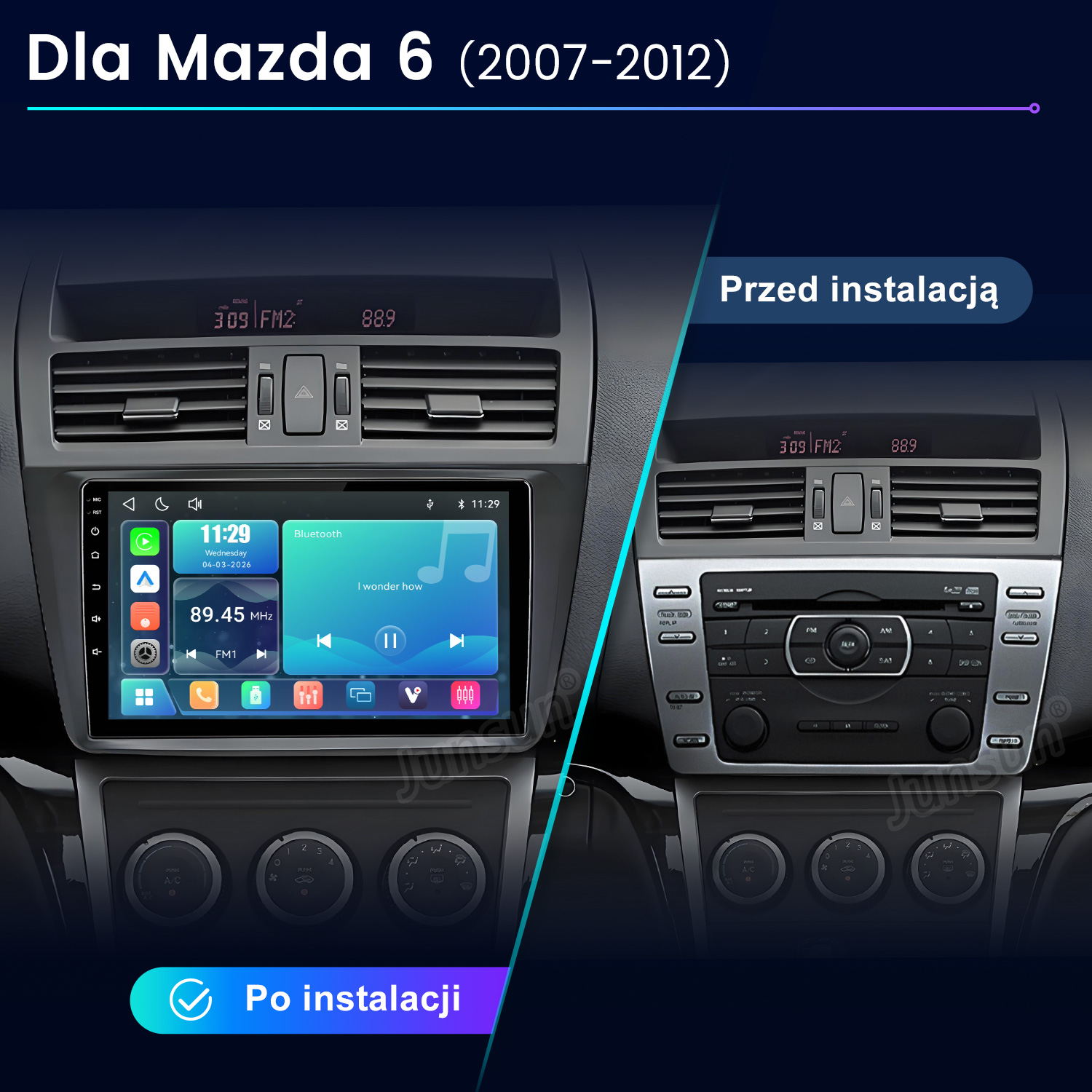 Porównanie konsoli środkowej Mazda 6 przed i po instalacji nowego radia dotykowego.