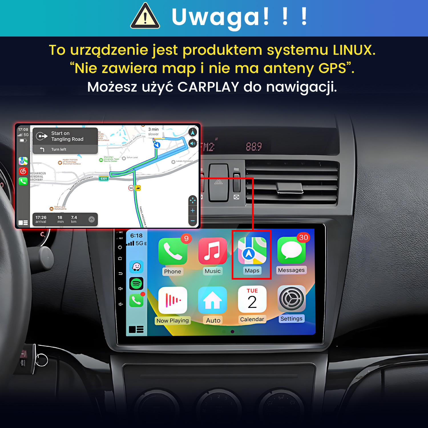 Radio samochodowe Linux z CarPlay i ikonami aplikacji.