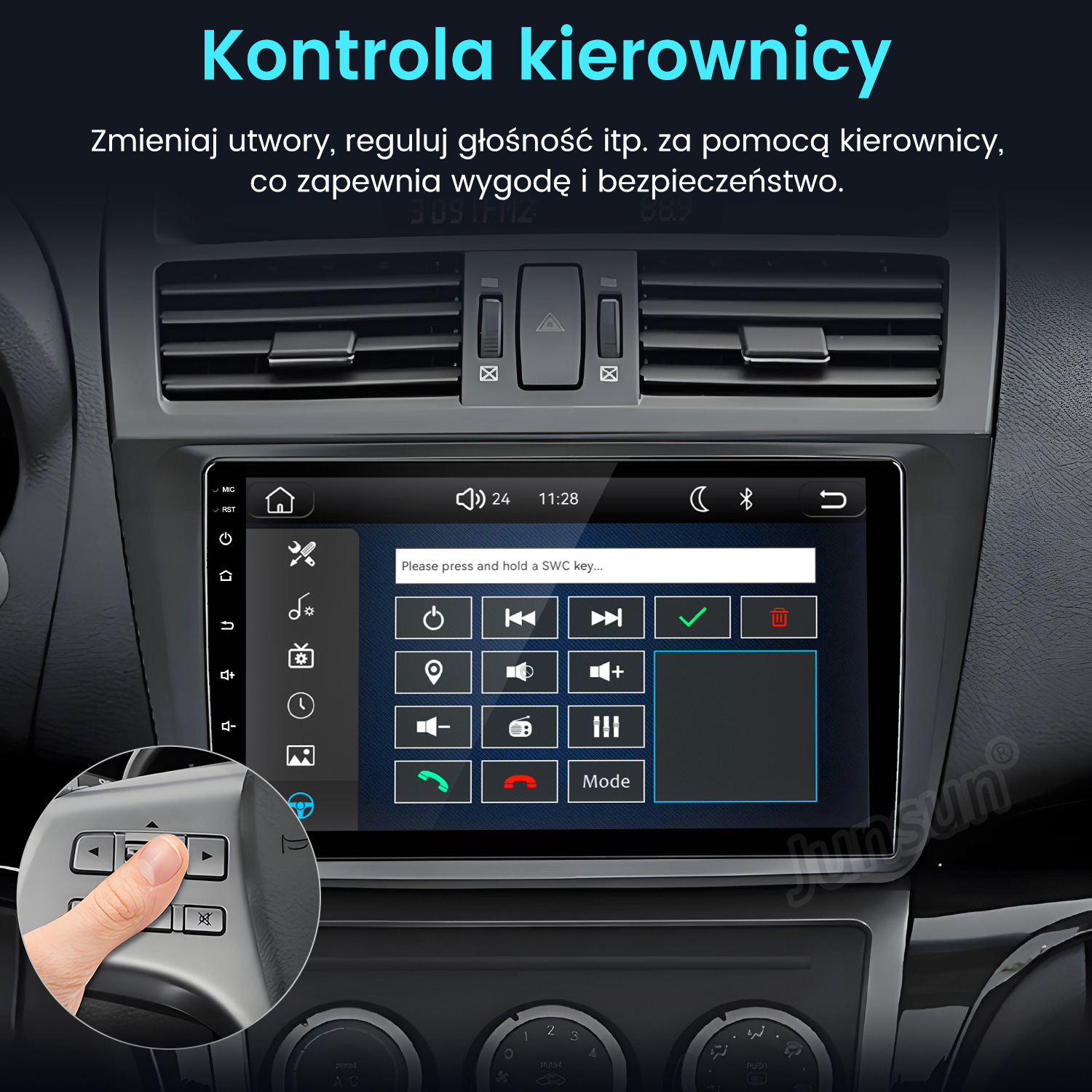 Ekran audio samochodowego wyświetla opcje sterowania z kierownicy z małym zdjęciem przycisków.