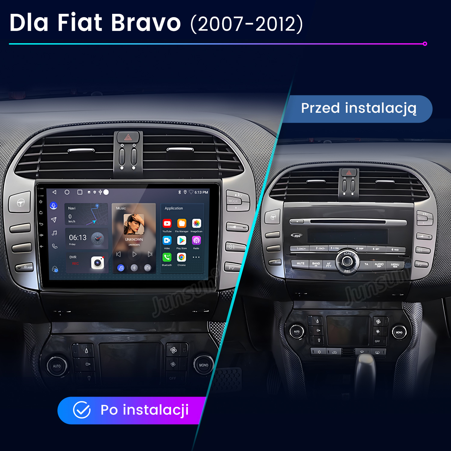 Porównanie deski rozdzielczej Fiat Bravo przed i po instalacji nowego systemu multimedialnego.