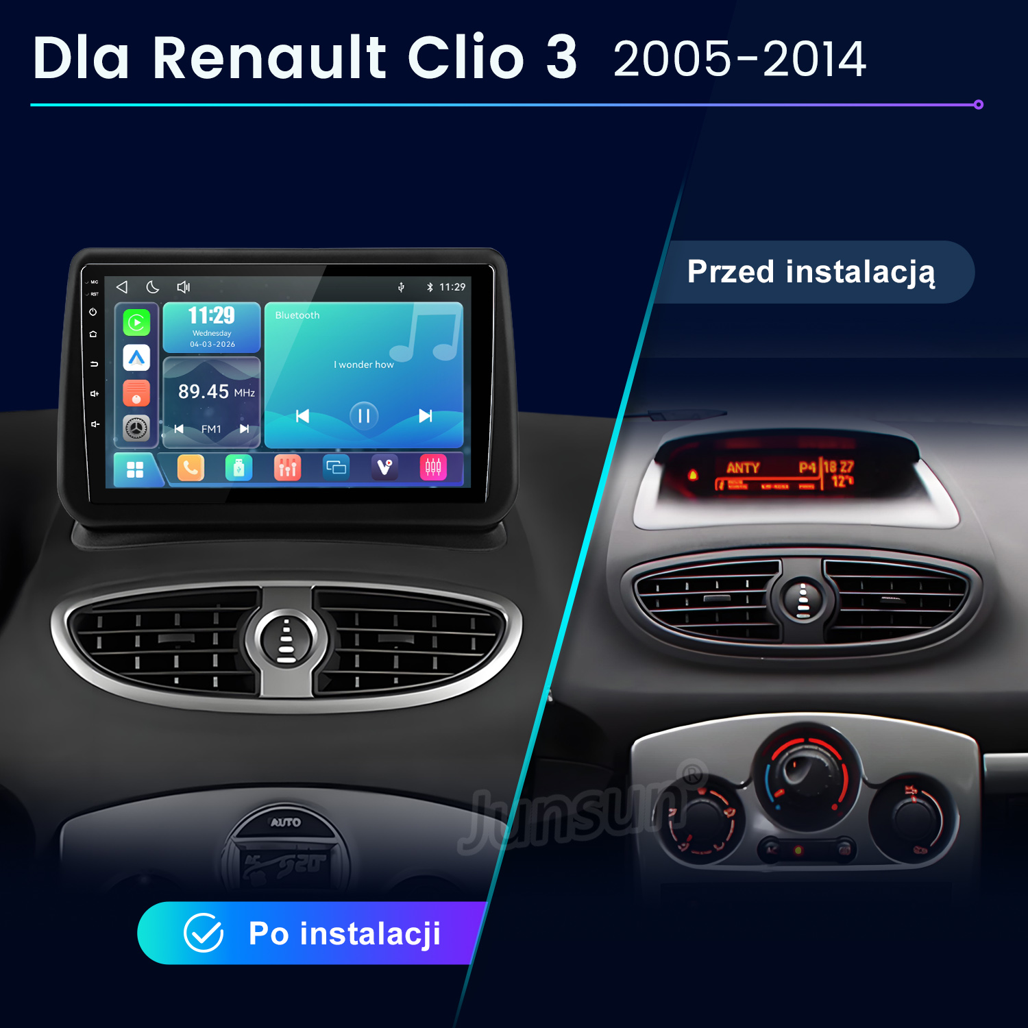 Porównanie deski rozdzielczej Renault Clio 3 przed i po instalacji ekranu multimedialnego.