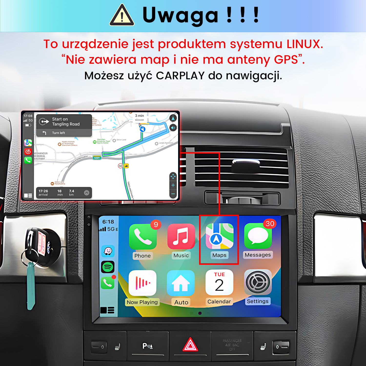 Radio samochodowe z systemem Linux, nawigacją CarPlay i ostrzeżeniem.