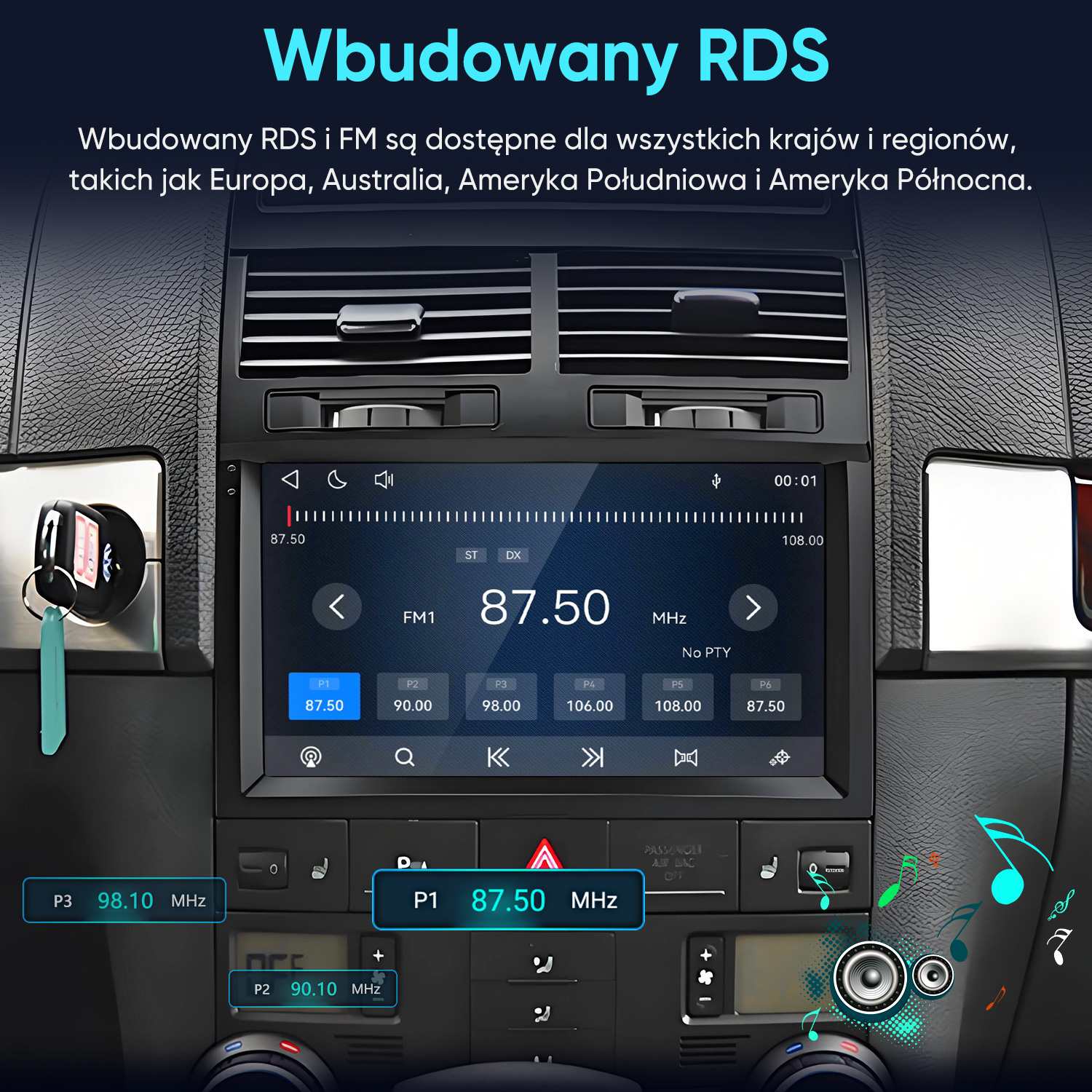 Radio samochodowe na desce rozdzielczej pokazuje interfejs radia FM z częstotliwością 87.50 MHz.