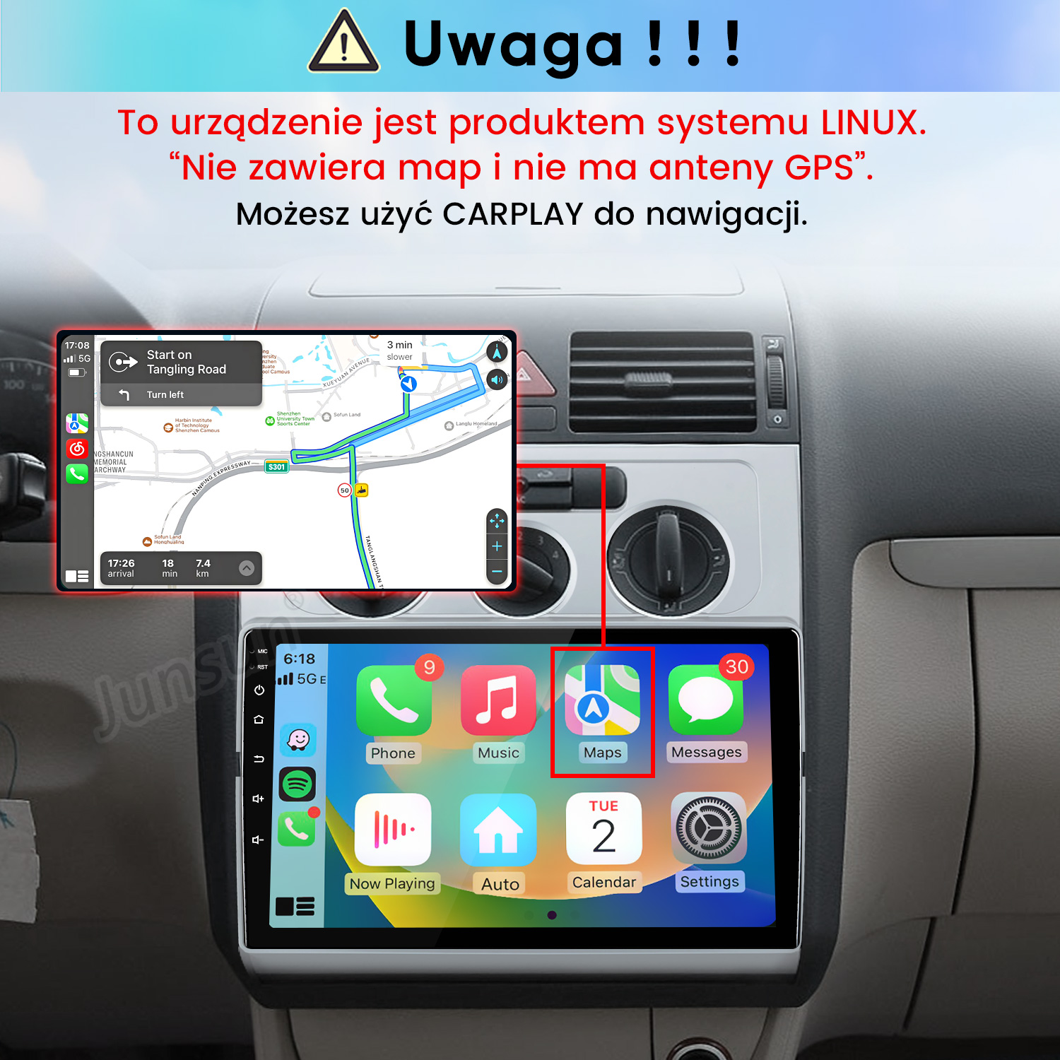 Wnętrze samochodu z zainstalowanym ekranem Linux, CarPlay i tekstem ostrzegawczym u góry.