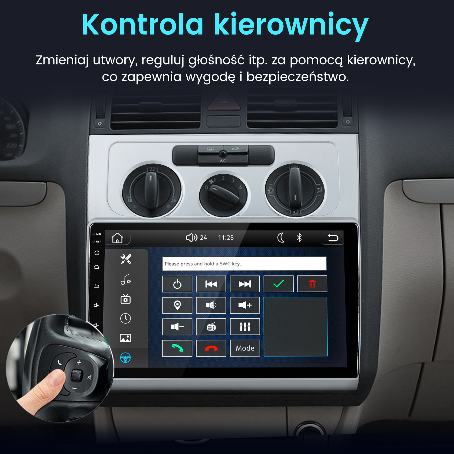 Wnętrze samochodu z radiem dotykowym i palcem na przyciskach kierownicy.