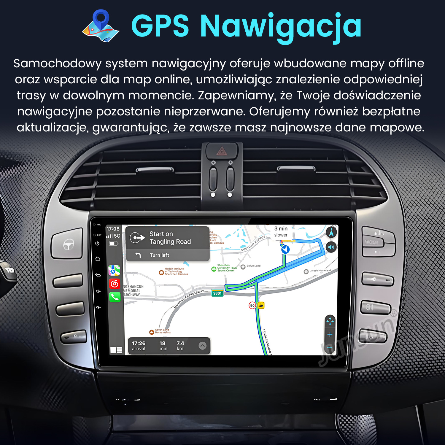 Radio samochodowe z nawigacją GPS wyświetlające mapę trasy.