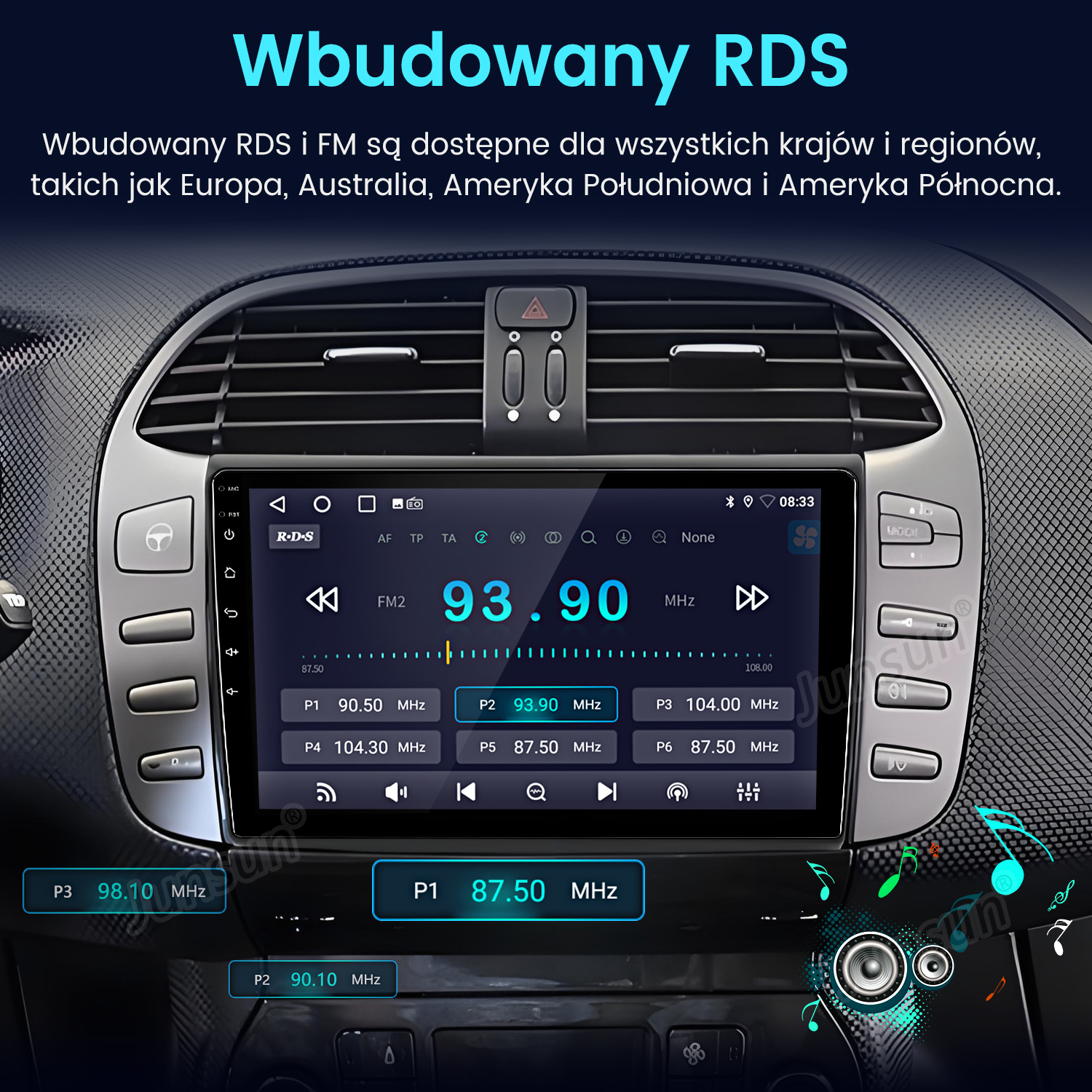 Samochodowy wyświetlacz multimedialny pokazujący częstotliwość radiową FM 93,90 MHz.