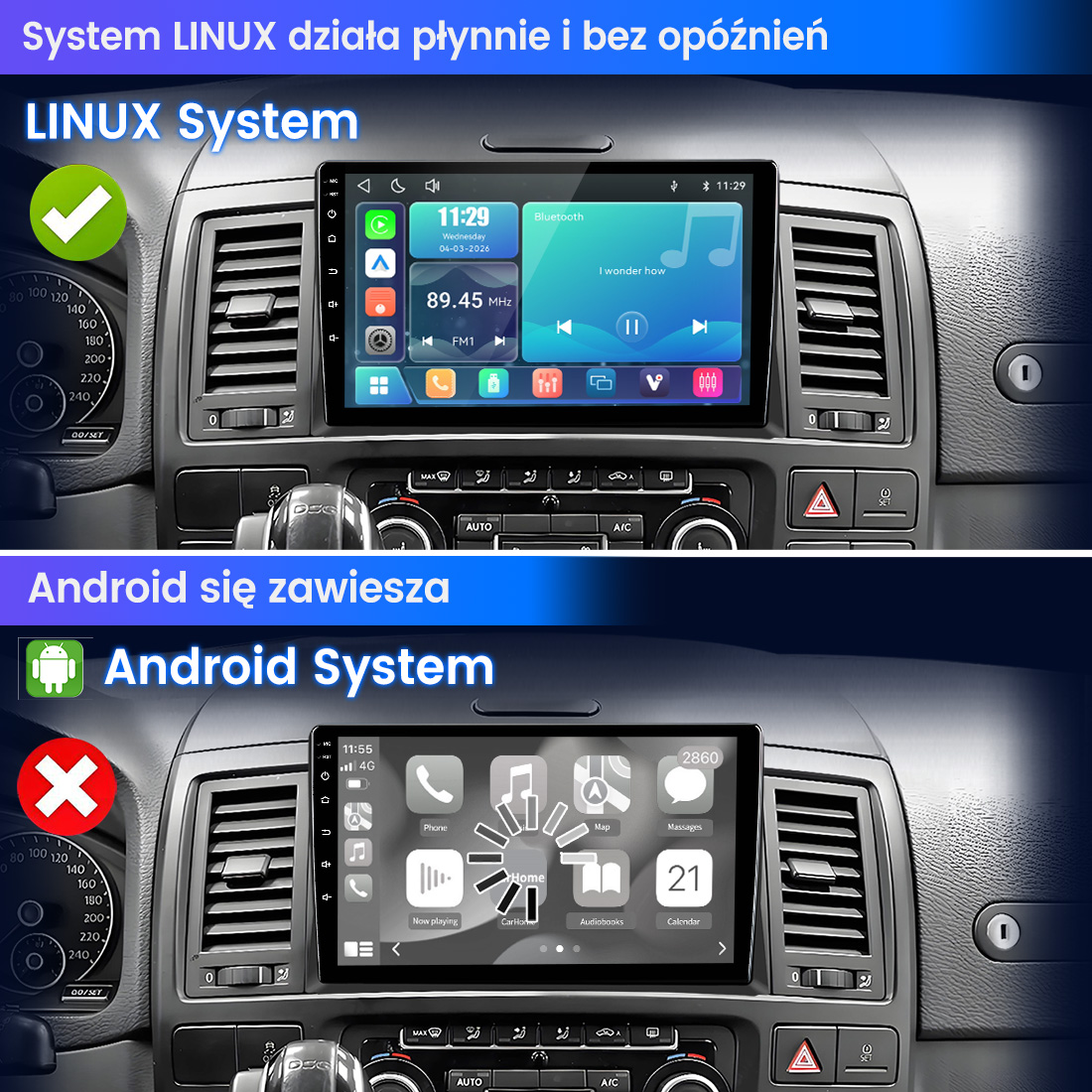 Porównanie dwóch radioodtwarzaczy: System Linux działa płynnie, a system Android pokazuje kółko ładowania.