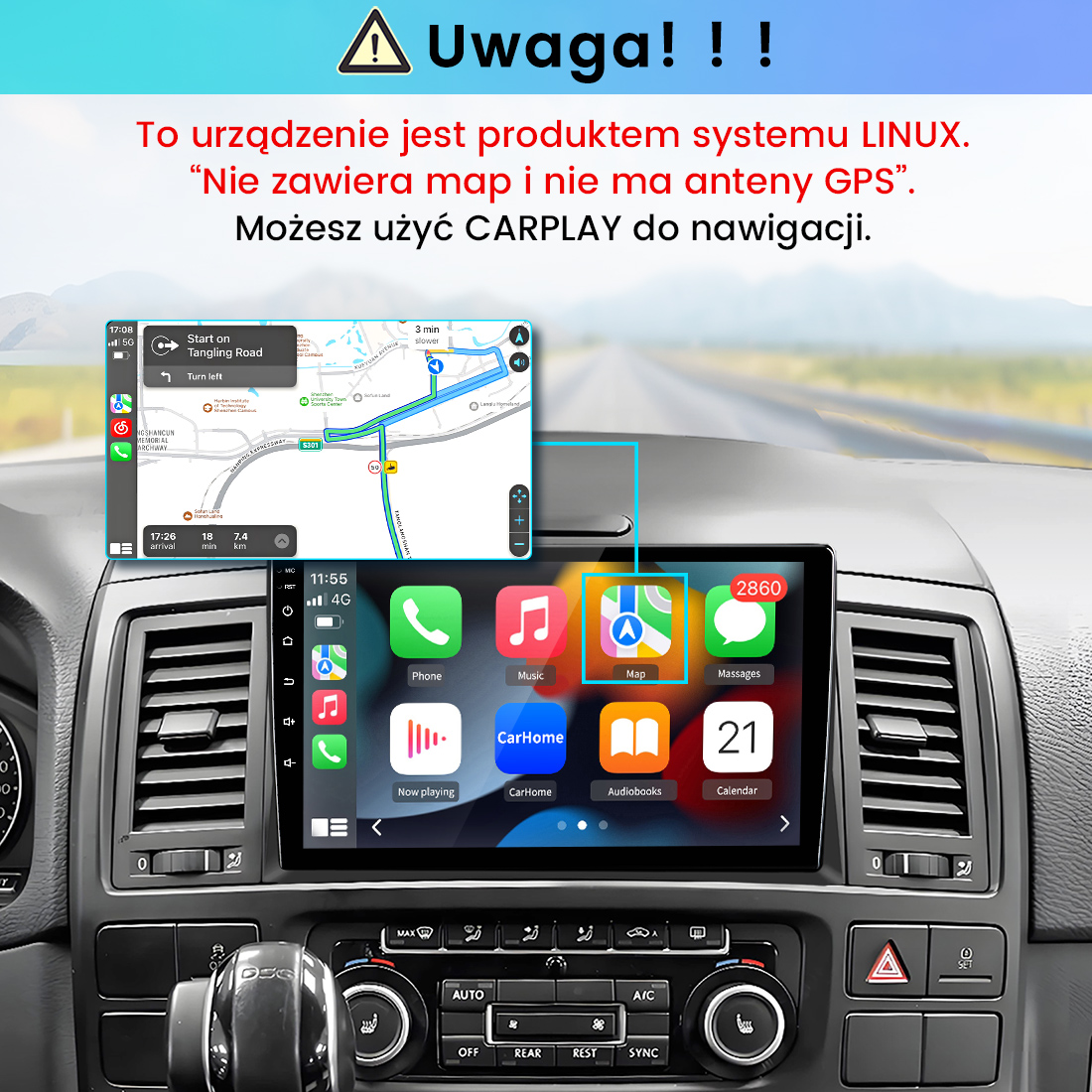 Radio samochodowe Linux w desce rozdzielczej z menu CarPlay i ostrzeżeniem.
