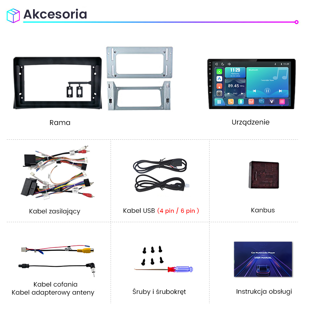 Różne akcesoria do samochodowego systemu multimedialnego, takie jak ramka, kable, canbus, śruby i instrukcja.