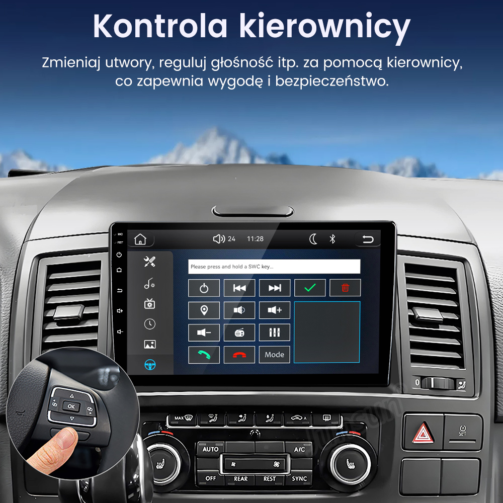 Wnętrze samochodu z ekranem dotykowym i sterowaniem na kierownicy.