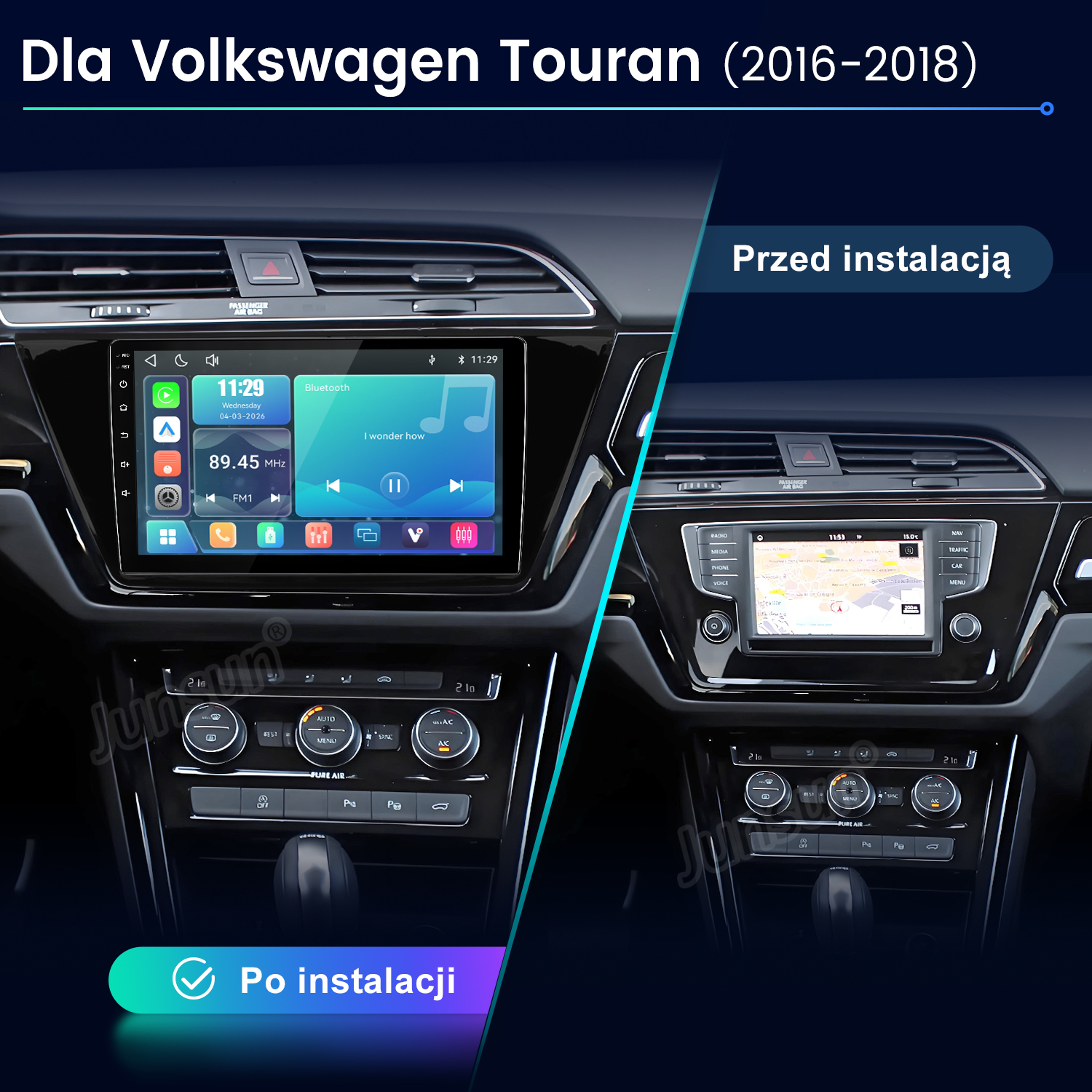 Porownanie konsoli srodkowej VW Touran przed i po montazu nowego duzego radia dotykowego.