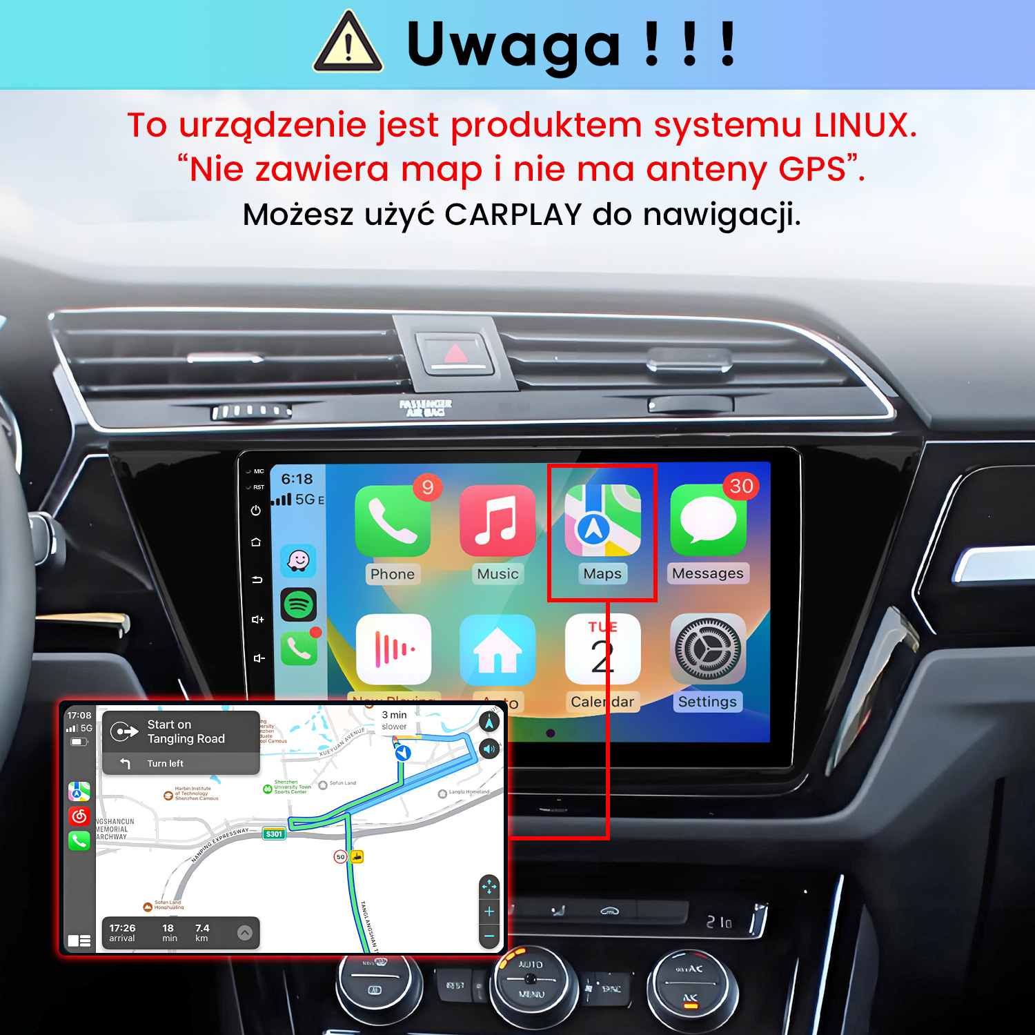 Radio samochodowe z systemem Linux, CarPlay, ikonami aplikacji i tekstem ostrzegawczym.