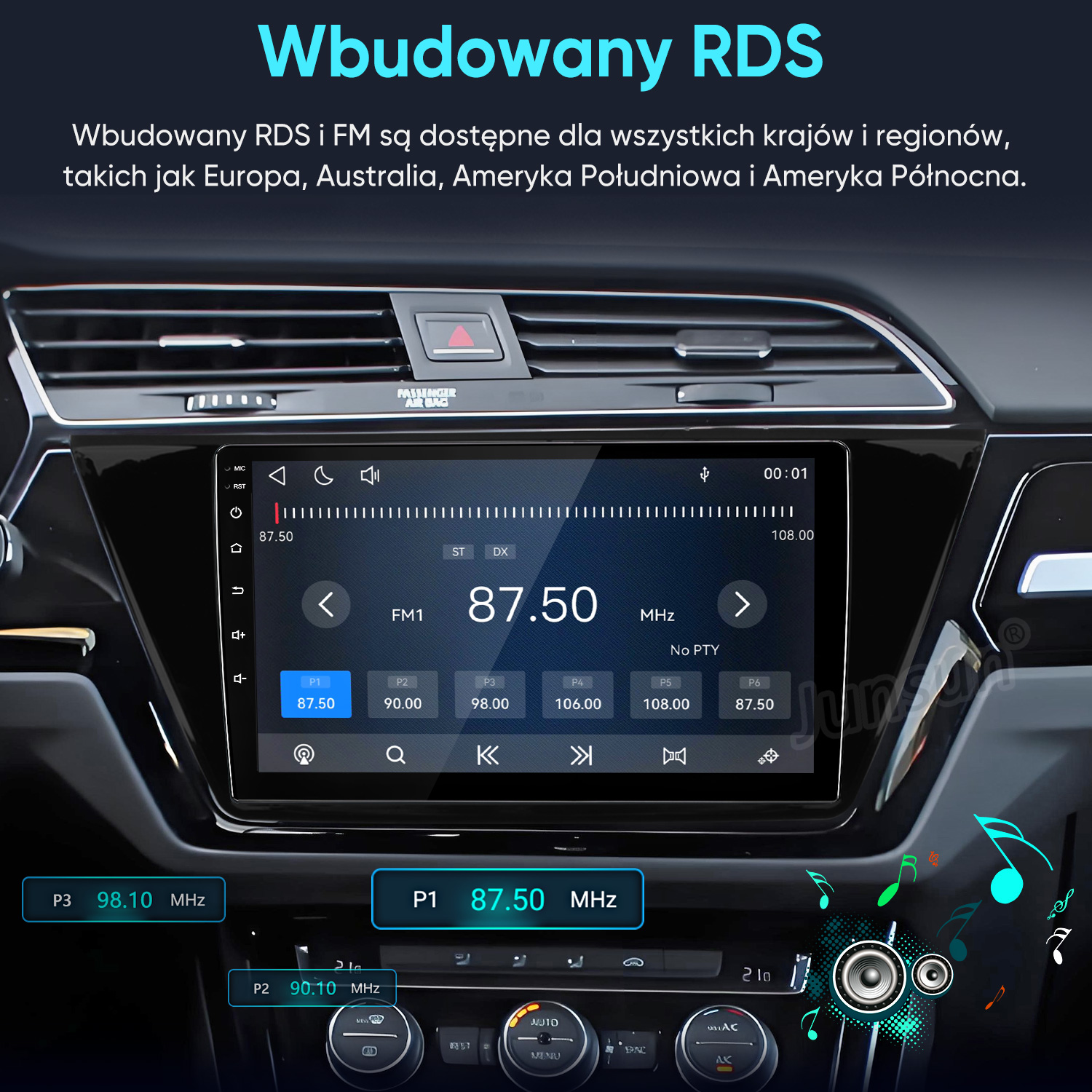 Ekran radia samochodowego wyświetla FM 87,50 MHz na desce rozdzielczej z nawiewami.