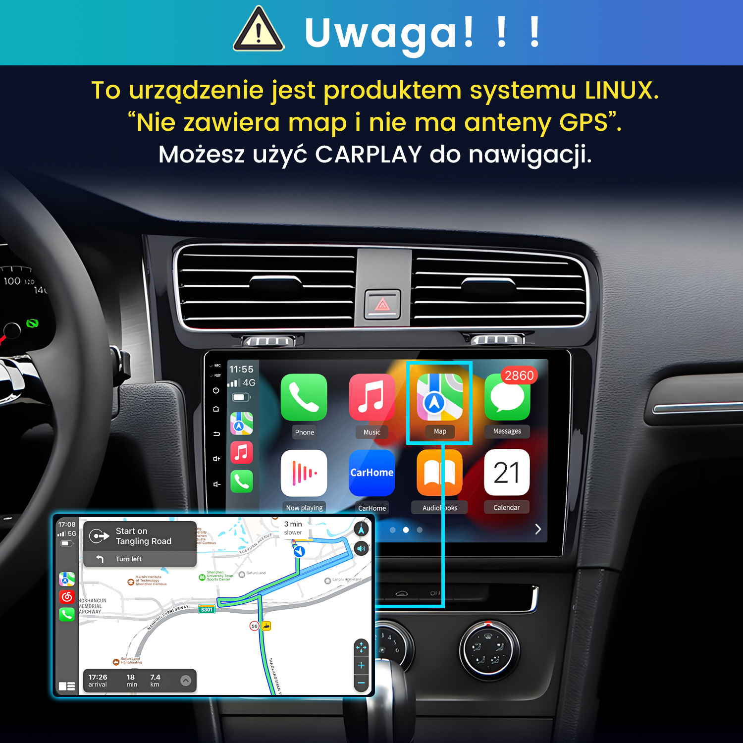Radia samochodowe z Linuksem i CarPlay z mapą.