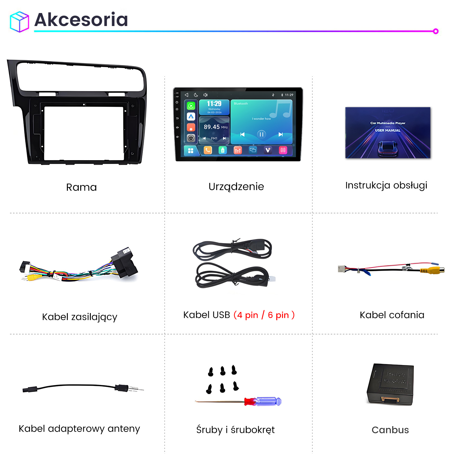 Akcesoria do zestawu multimedialnego auta, w tym ramka, ekran, instrukcja i kable.