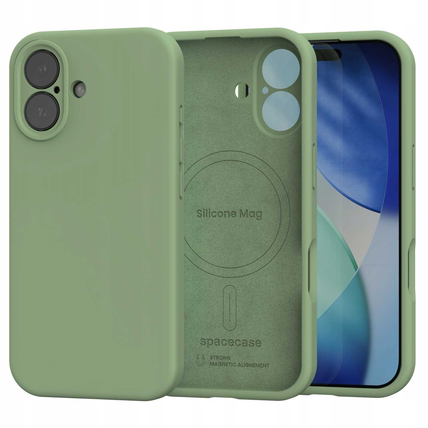 Zielone silikonowe etui na smartfon z wewnętrznym pierścieniem magnetycznym i dwoma wycięciami na aparat.
