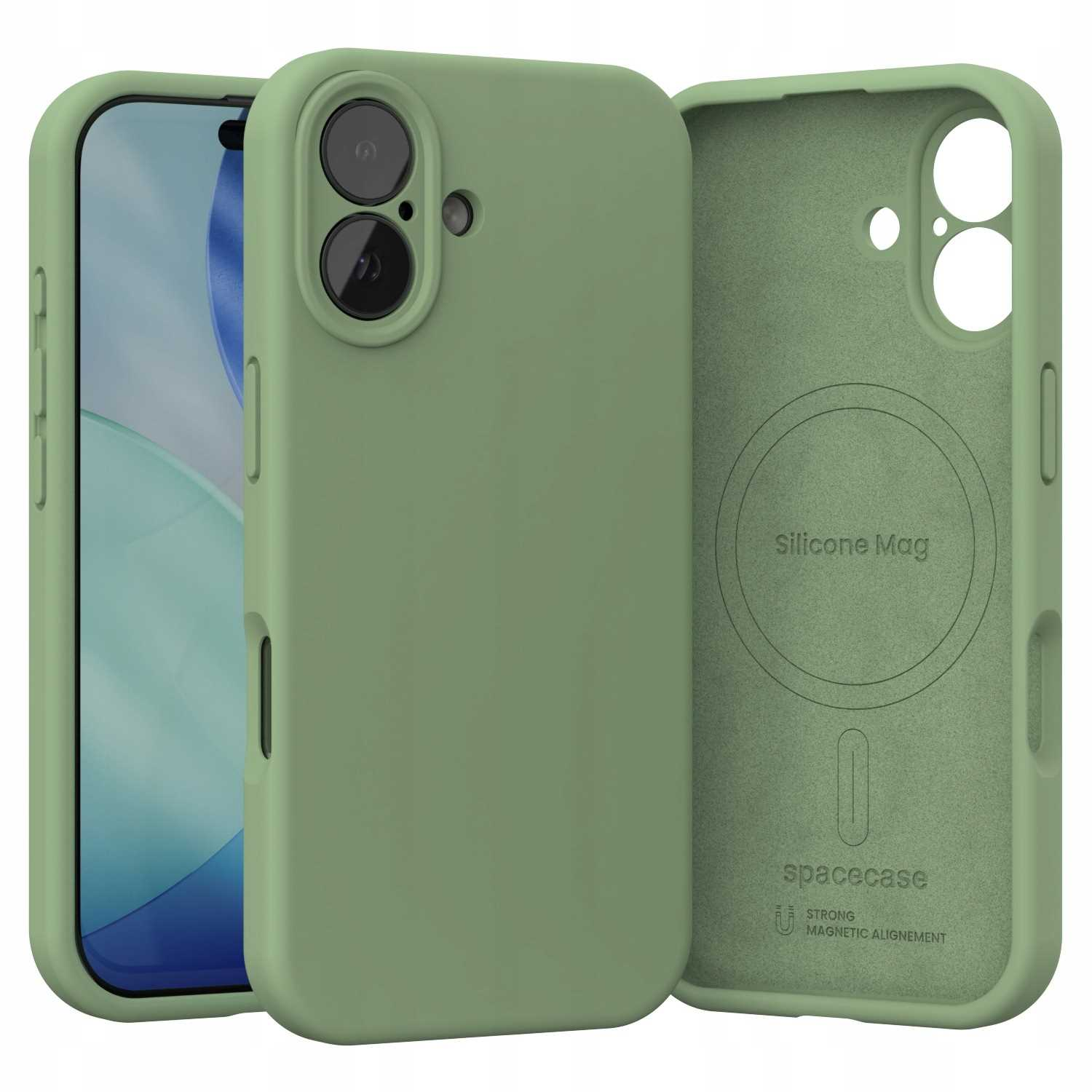 Trzy widoki zielonego silikonowego etui na telefon z telefonem i wnętrzem pokazującym wyrównanie magnetyczne.