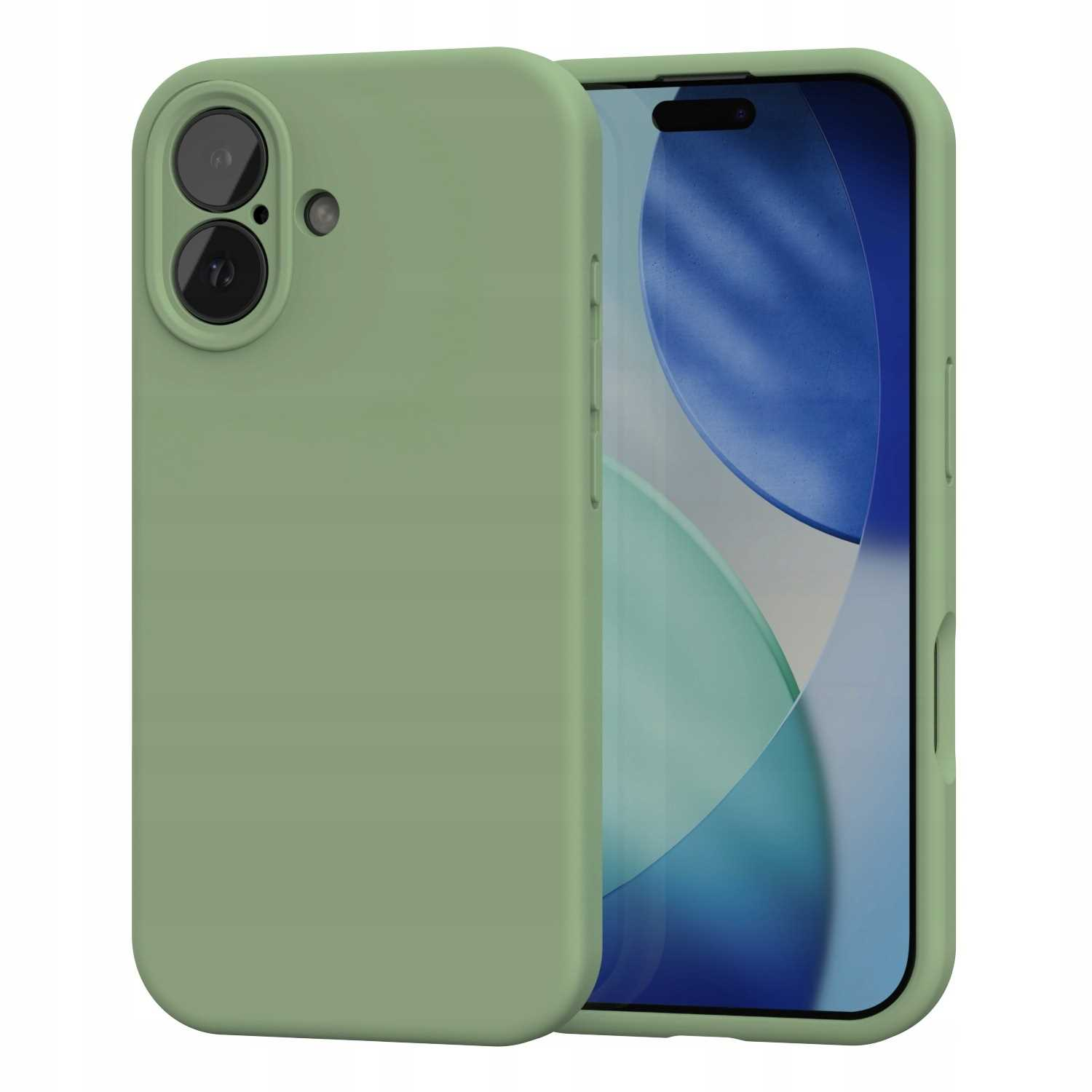Zielone etui na smartfon na telefonie z niebieskim wyświetlaczem i tylnym aparatem.