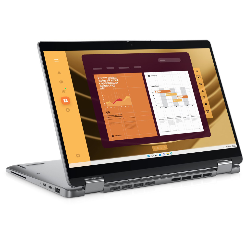 Srebrny laptop konwertowalny wyświetla interfejs oprogramowania do projektowania z wykresami na ekranie na białym tle.