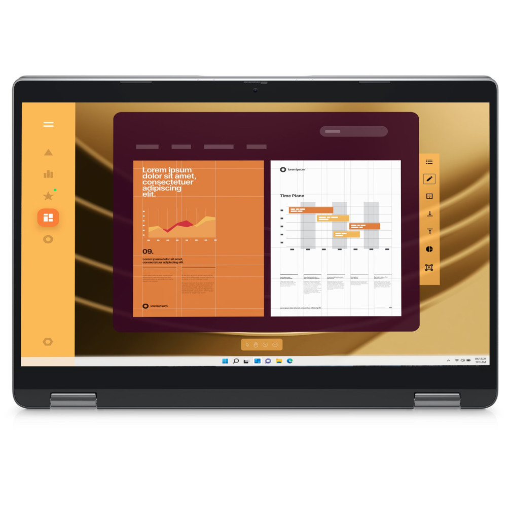Laptop wyświetlający aplikację do projektowania z pomarańczowym i ciemnofioletowym interfejsem, z układem i wykresami.