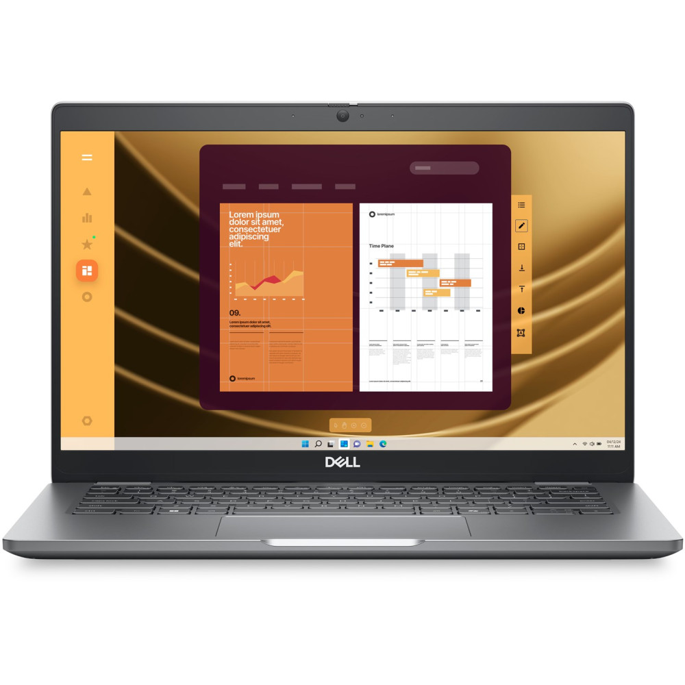 Otwarty laptop Dell wyświetla interfejs oprogramowania z pomarańczowymi i brązowymi elementami.